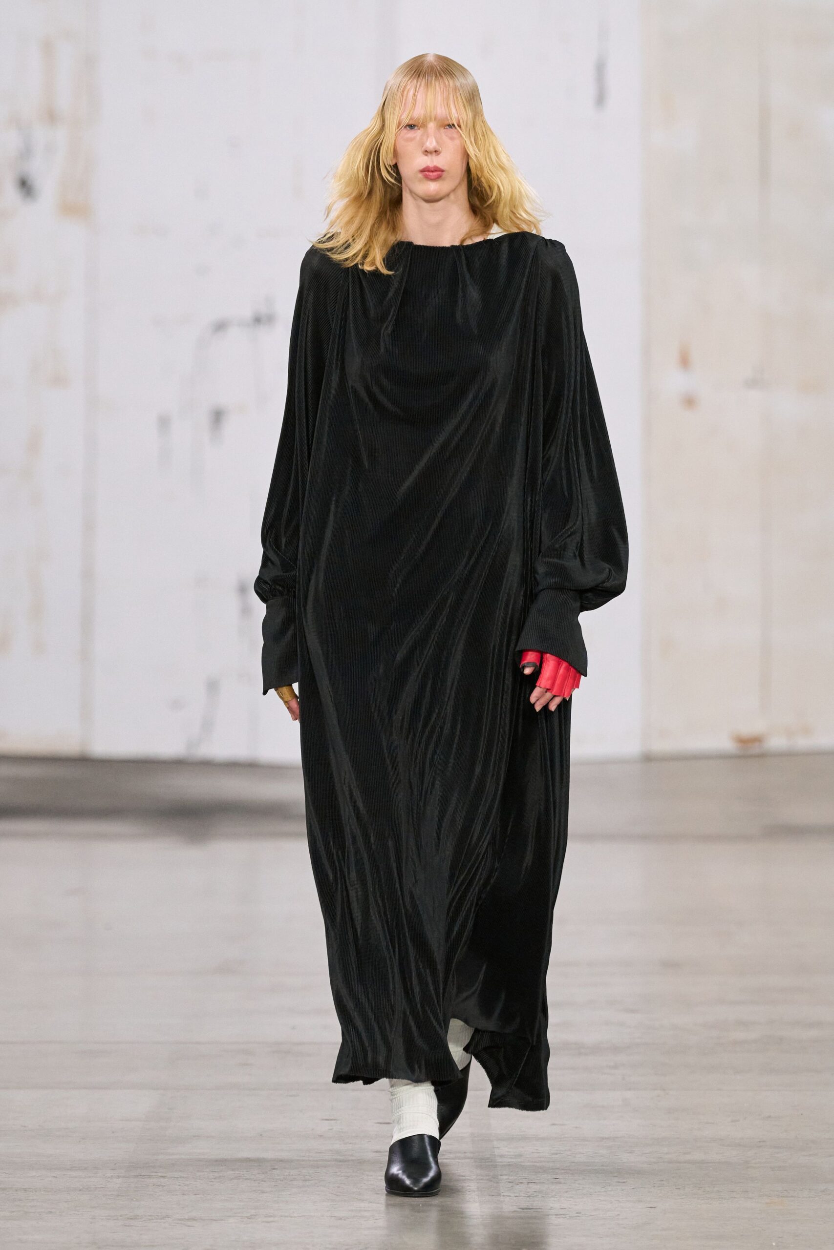 black velvet long-sleeve high-neck relaxed draped flowing dress