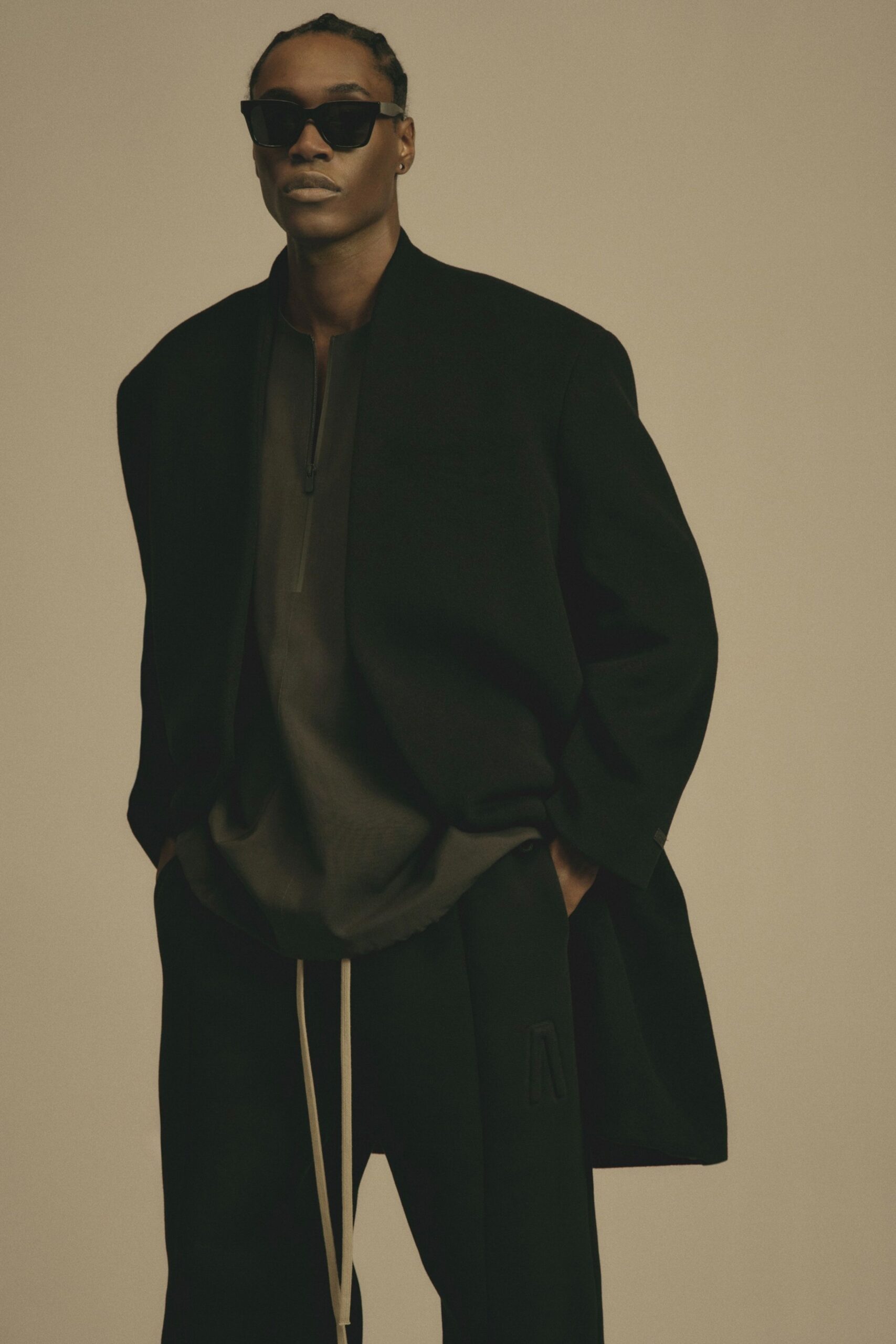 black wool coat with gray top
