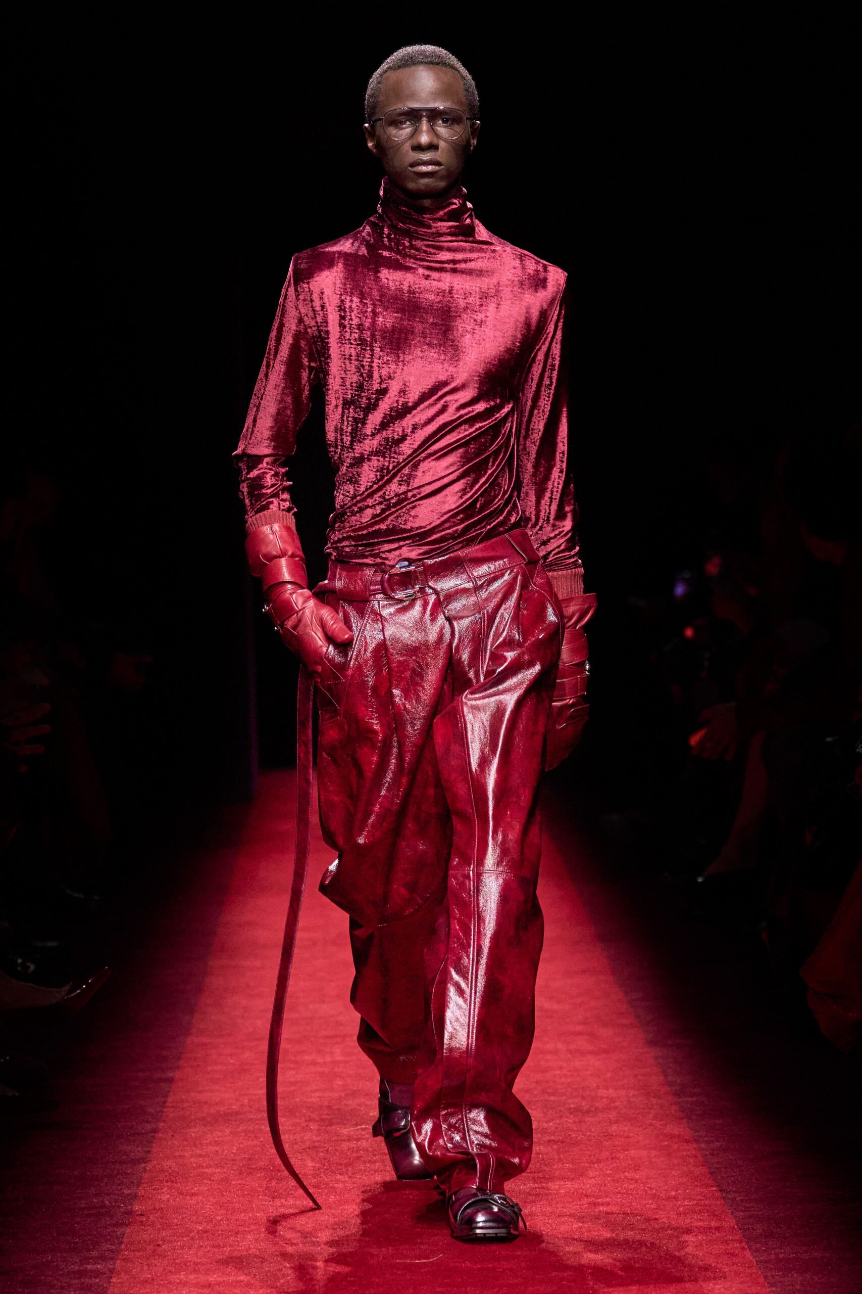 red silk long-sleeve high-neck fitted textured shiny top