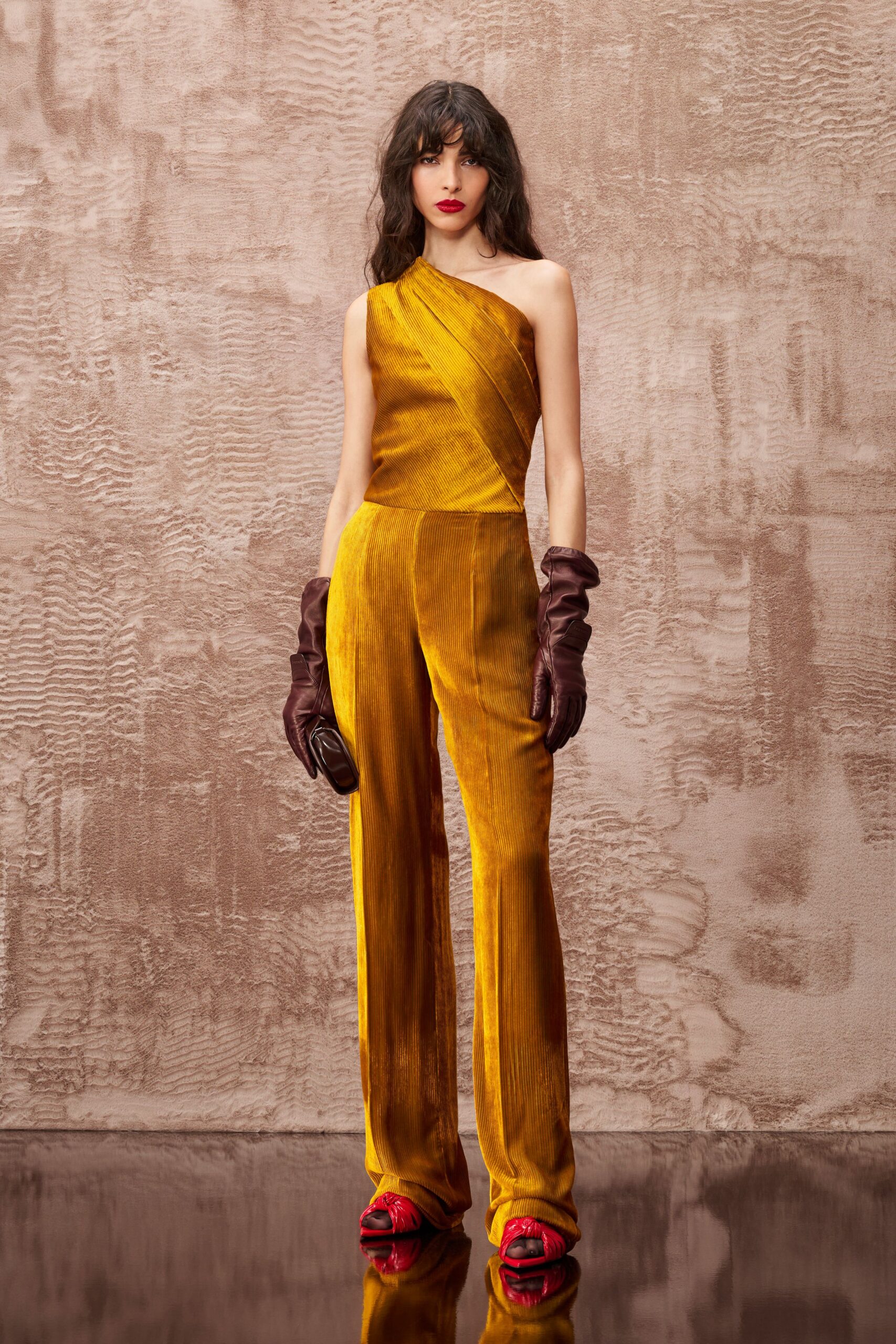 yellow velvet sleeveless high-neck fitted draped jumpsuit
