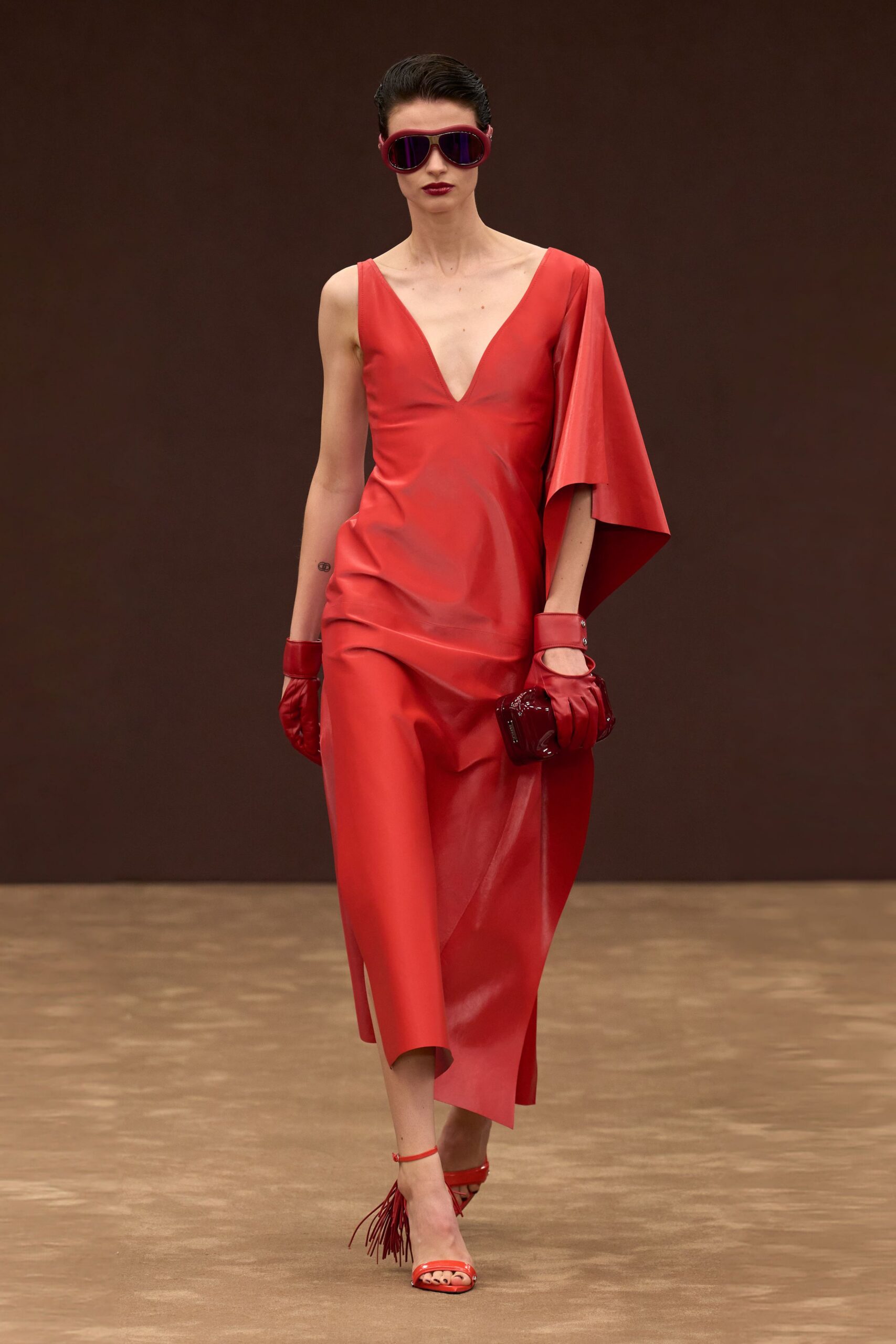 red leather sleeveless v-neck fitted midi dress