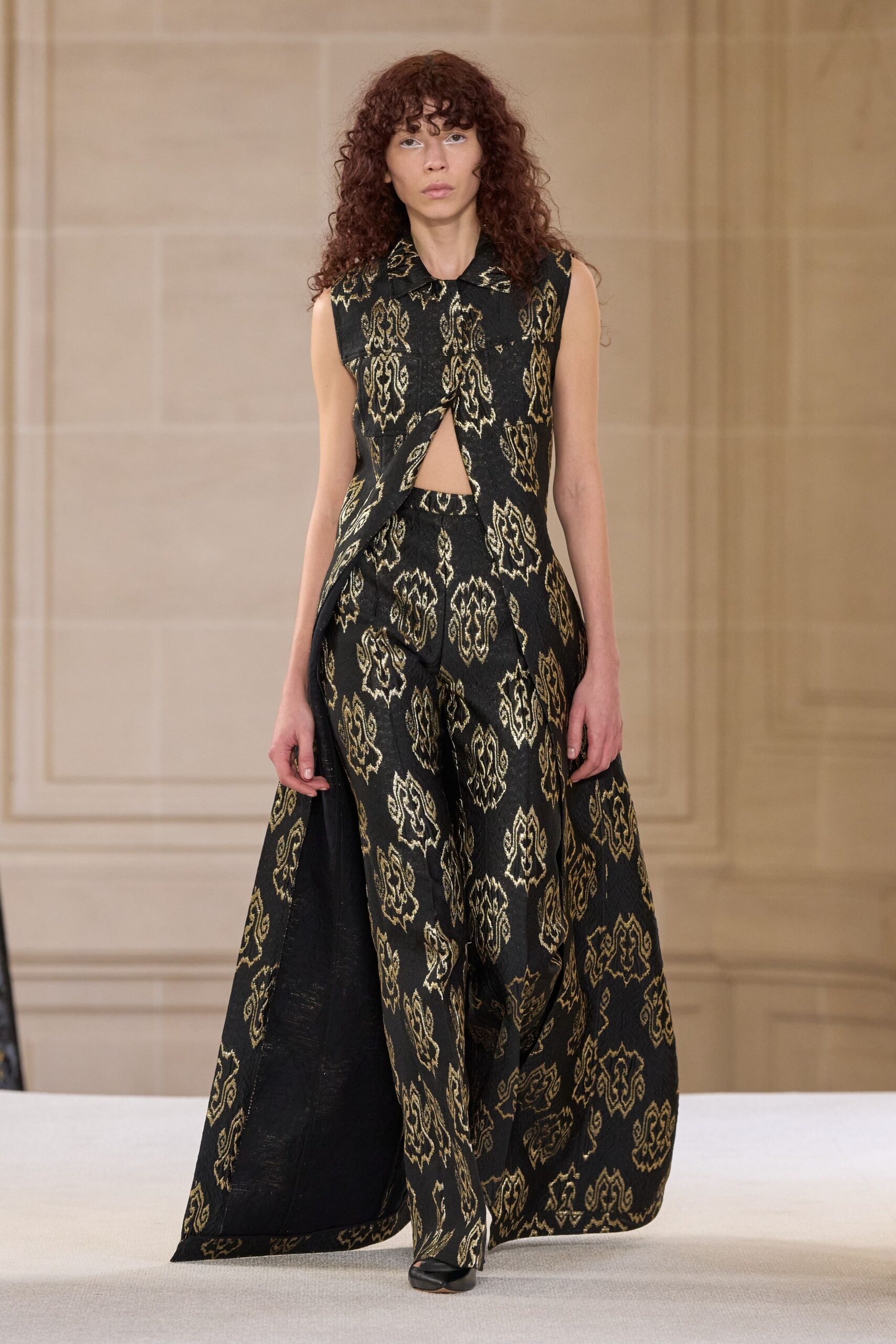 black silk sleeveless high-neck fitted printed layered dress