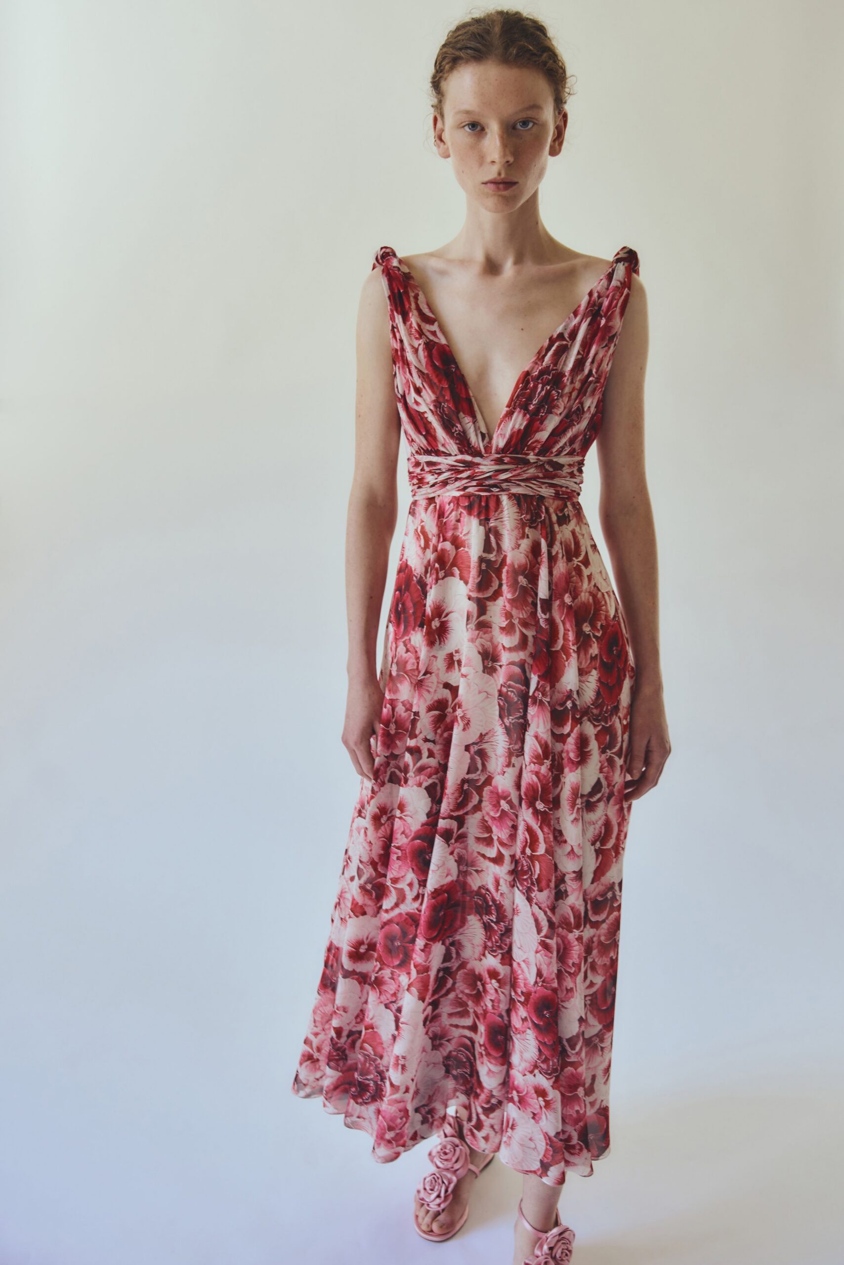 red silk sleeveless v-neck fitted floral layered gown