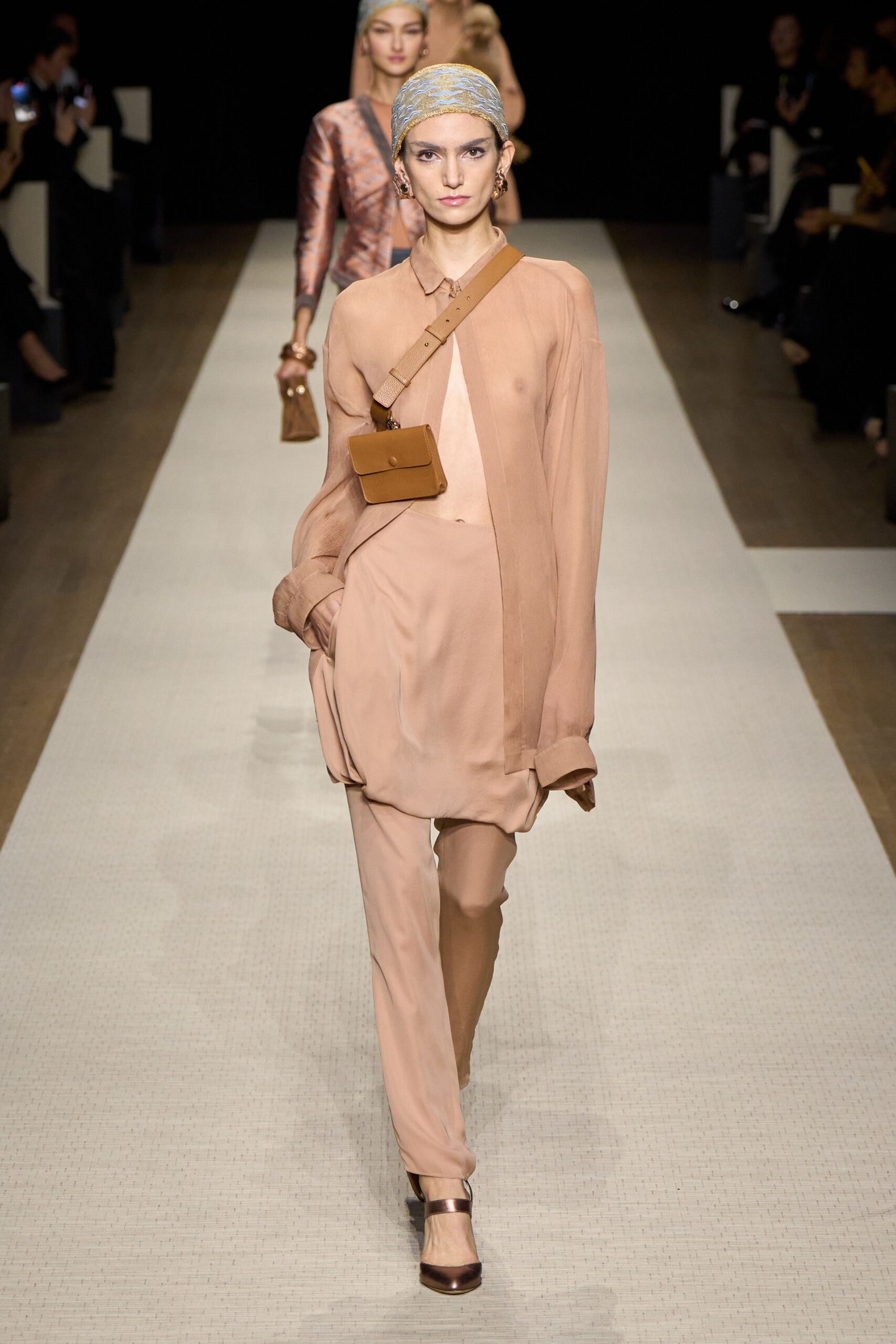beige silk shirt and pants