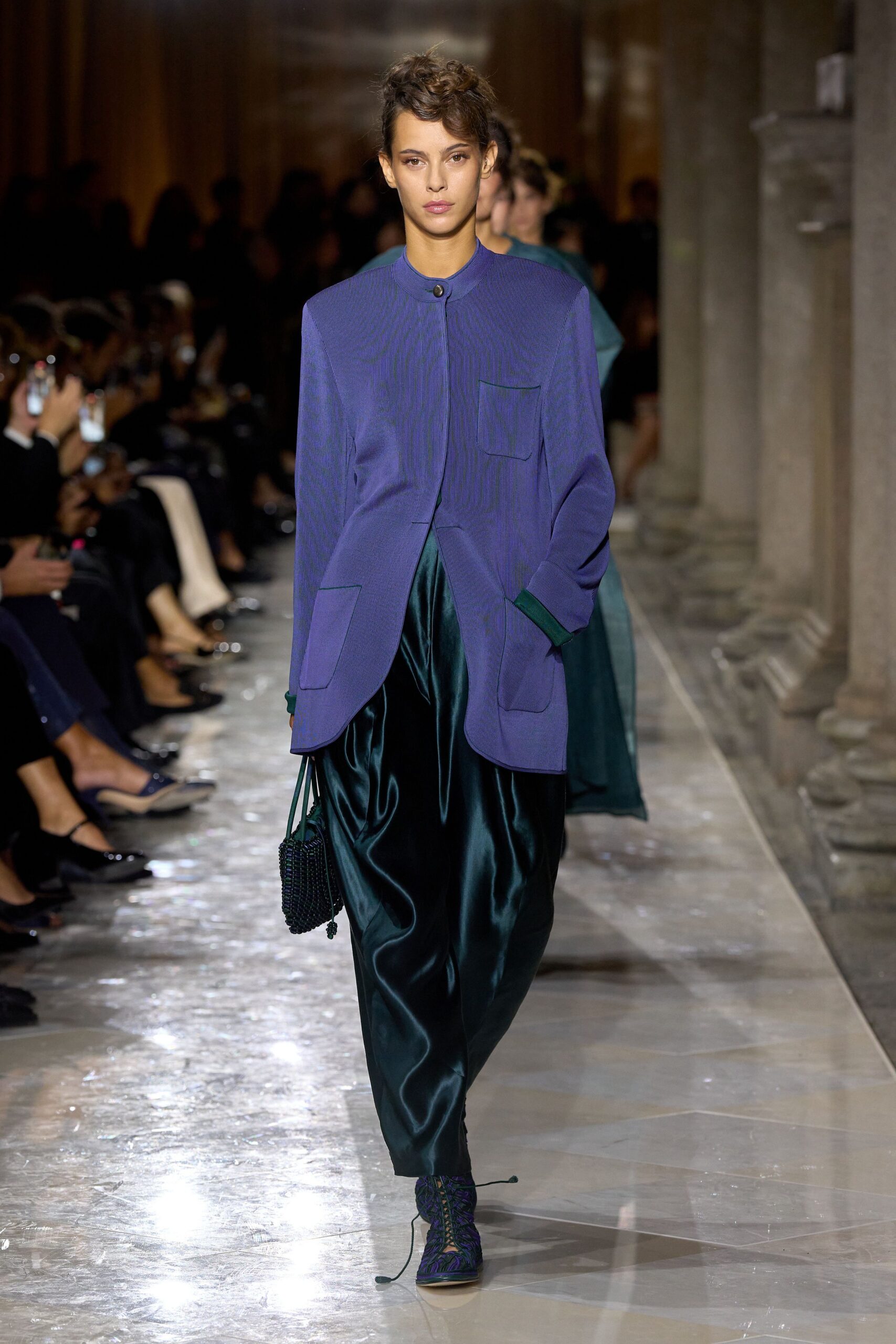 purple oversized jacket with green pants