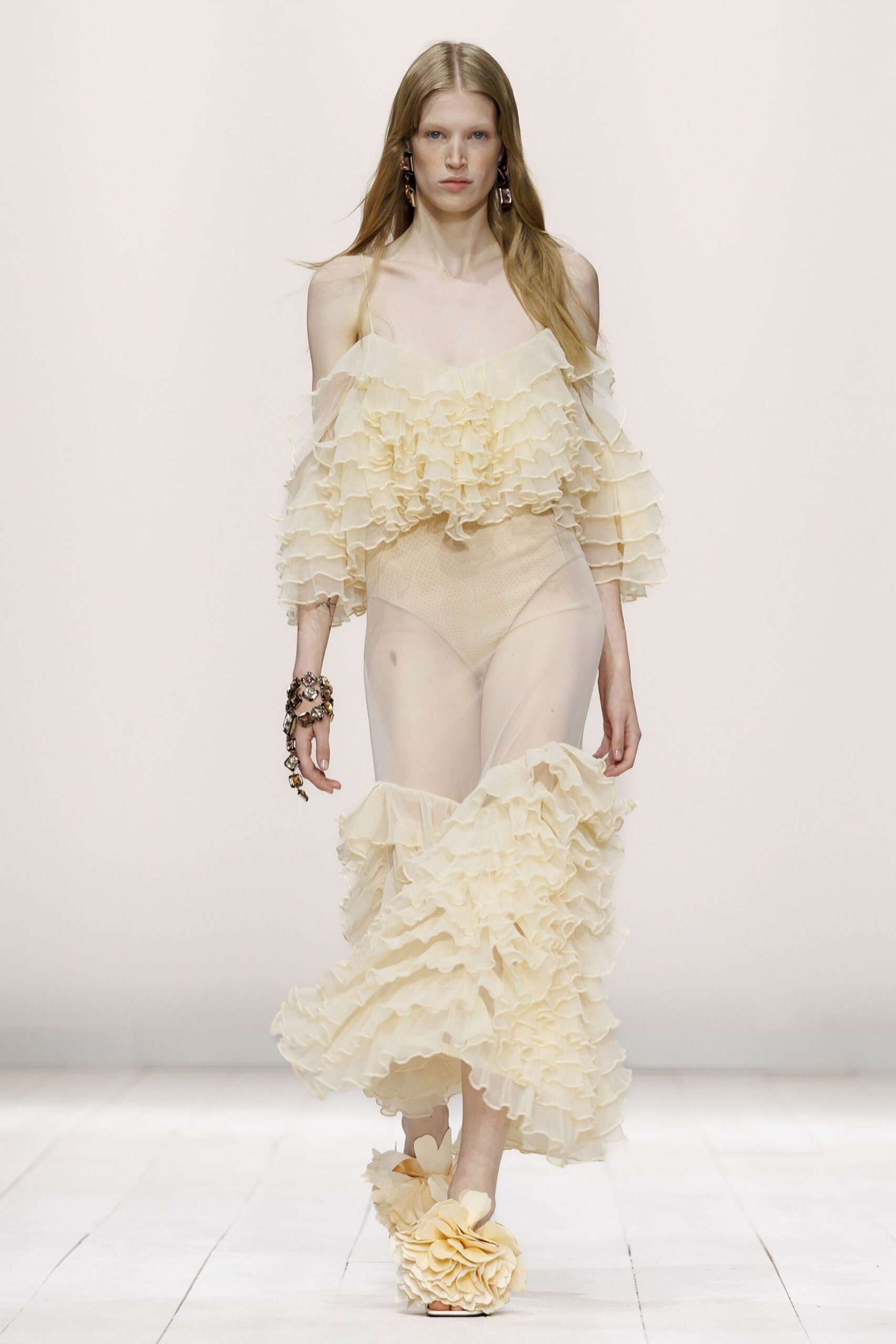 beige chiffon off-shoulder fitted ruffled sheer maxi gown