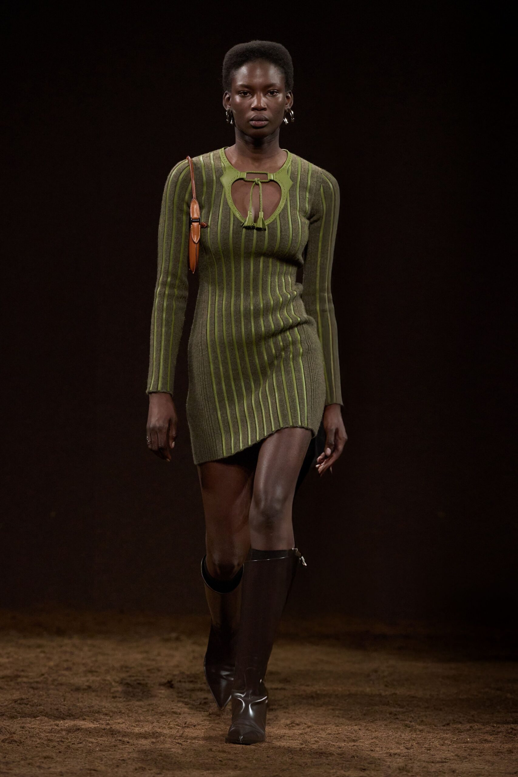 fitted green striped mini dress with boots