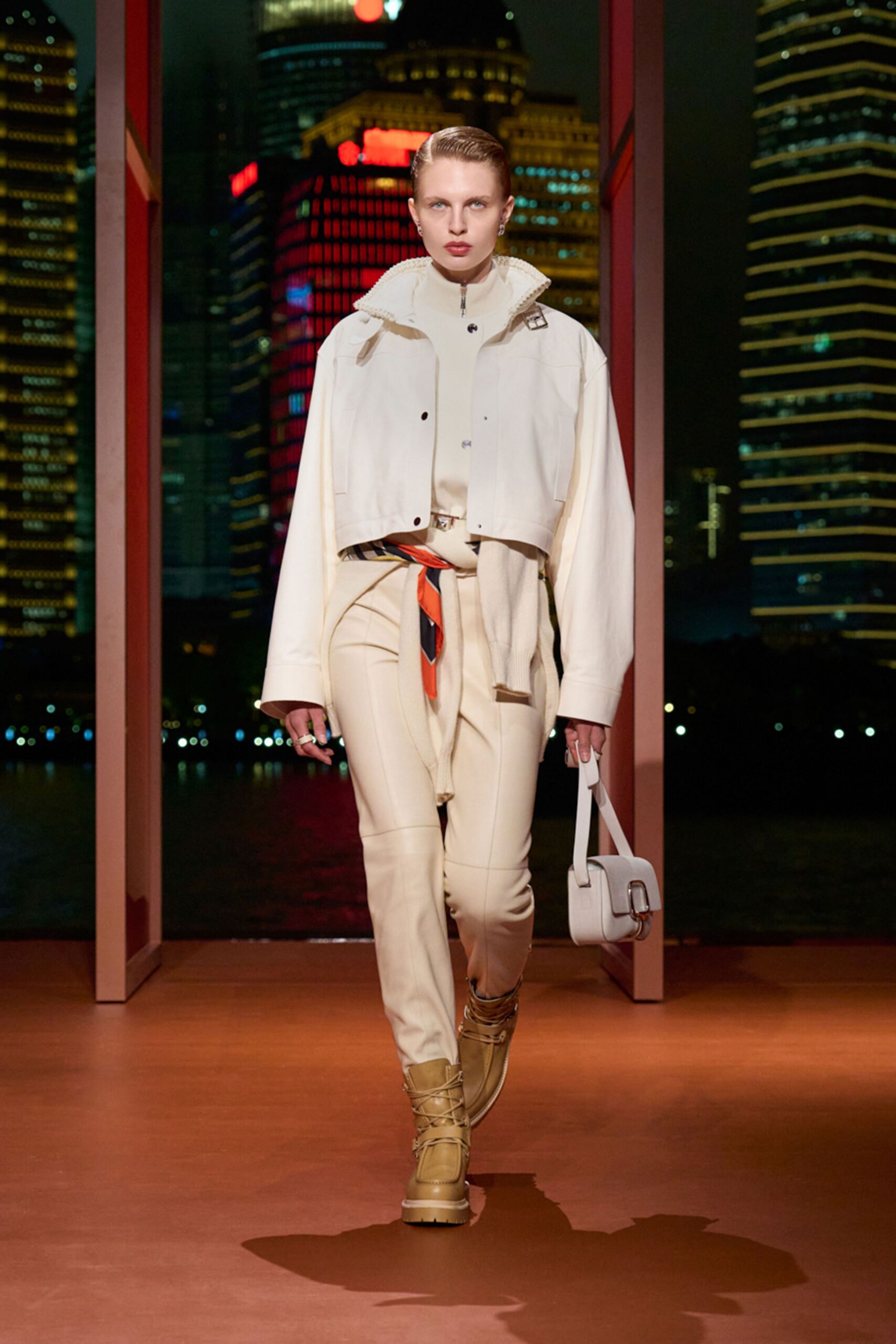 white leather long-sleeve collared relaxed zippered jacket