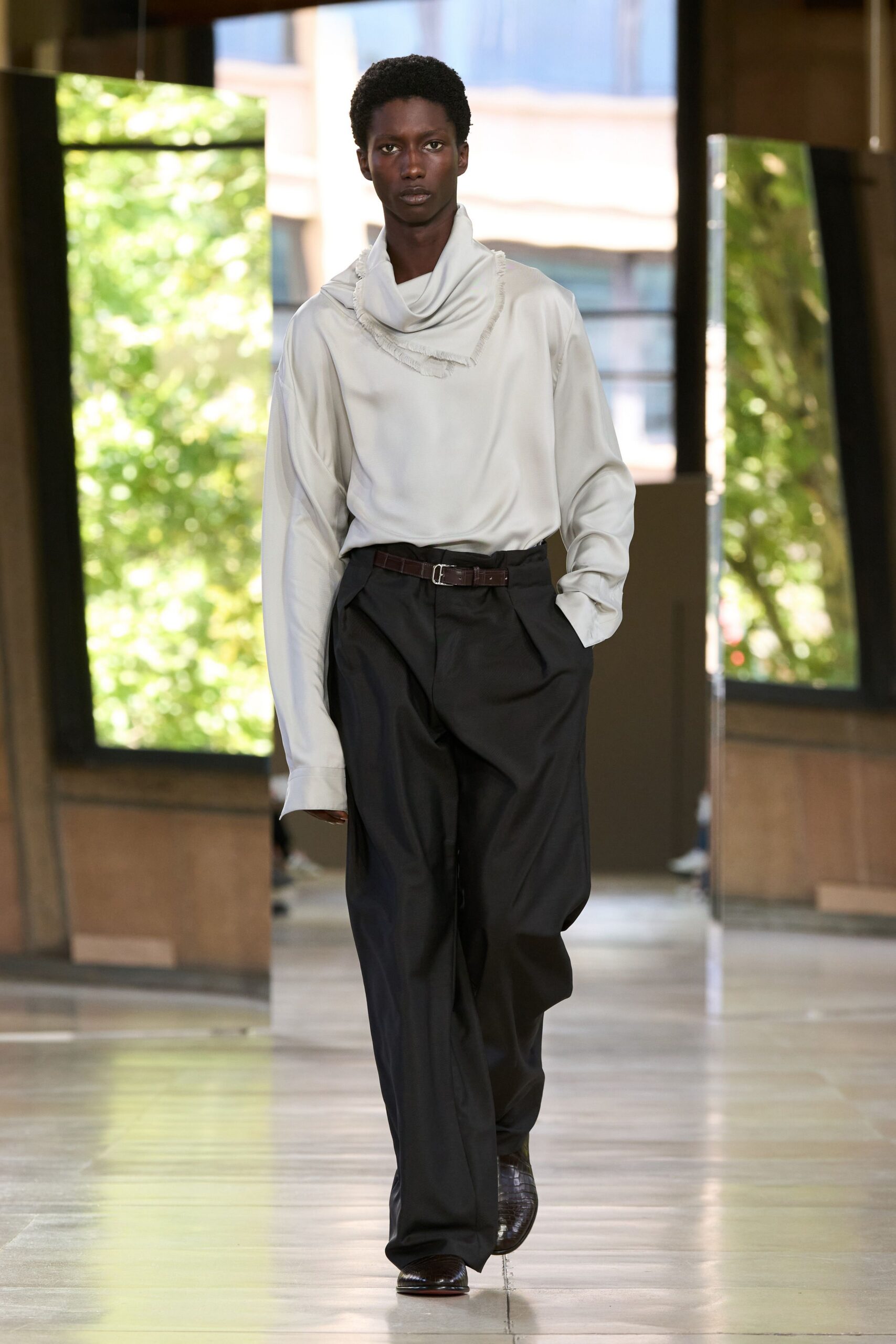 white cotton long-sleeve collared relaxed draped shirt