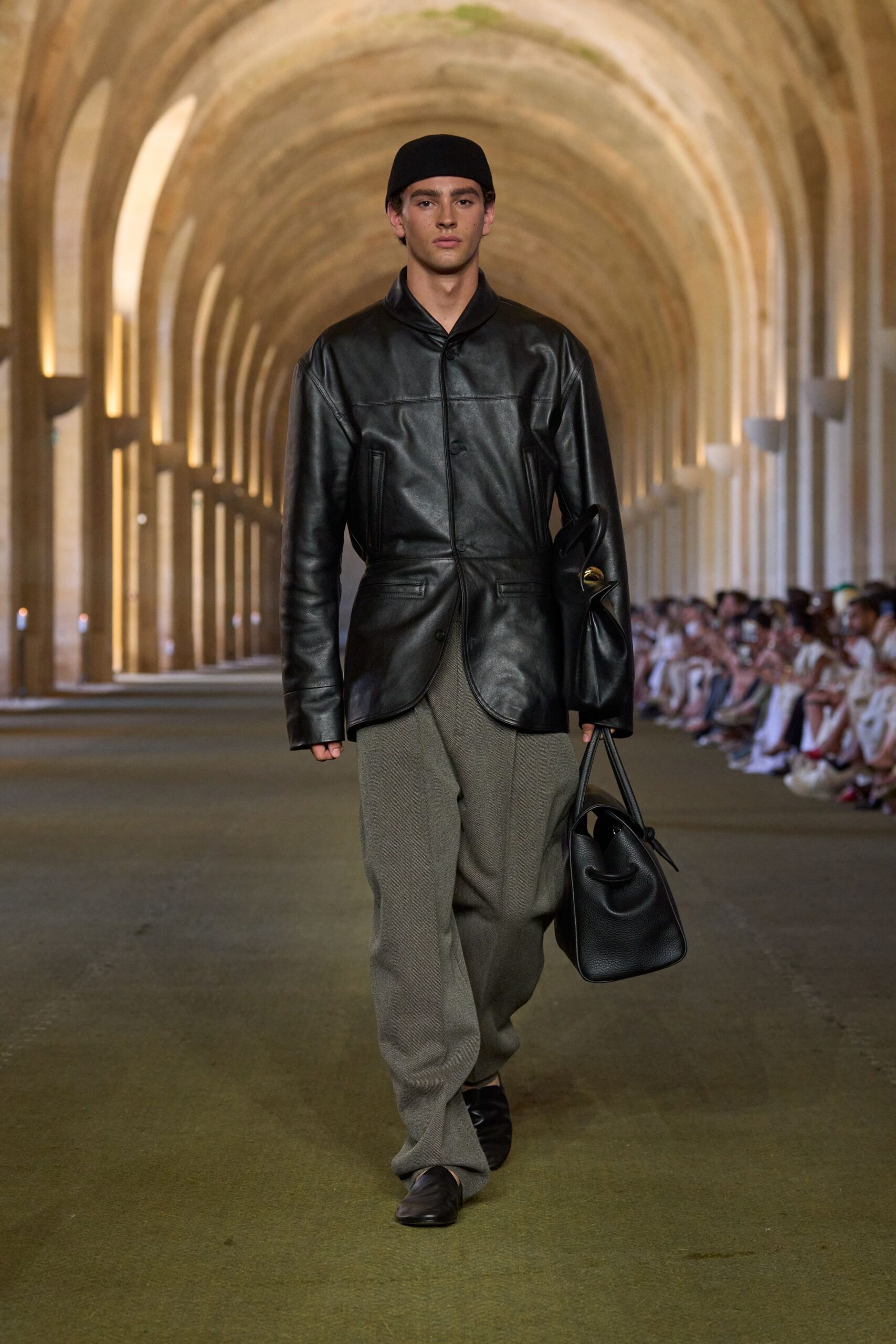 black leather jacket gray pants