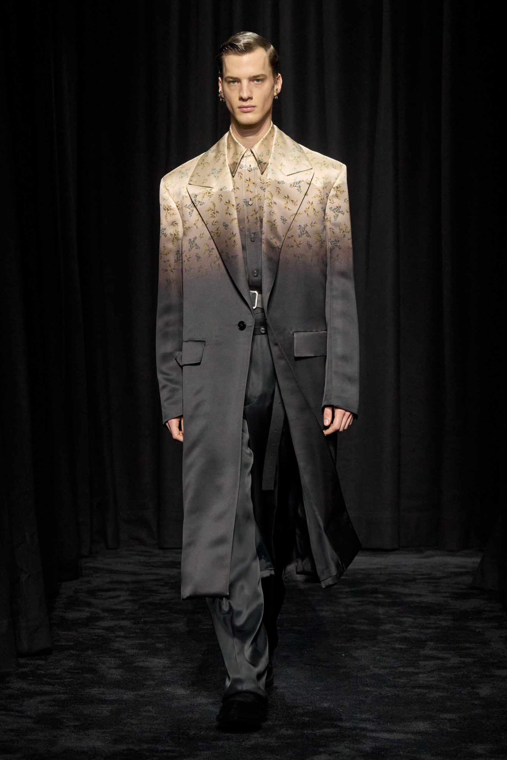 black gray silk coat with embroidered shirt
