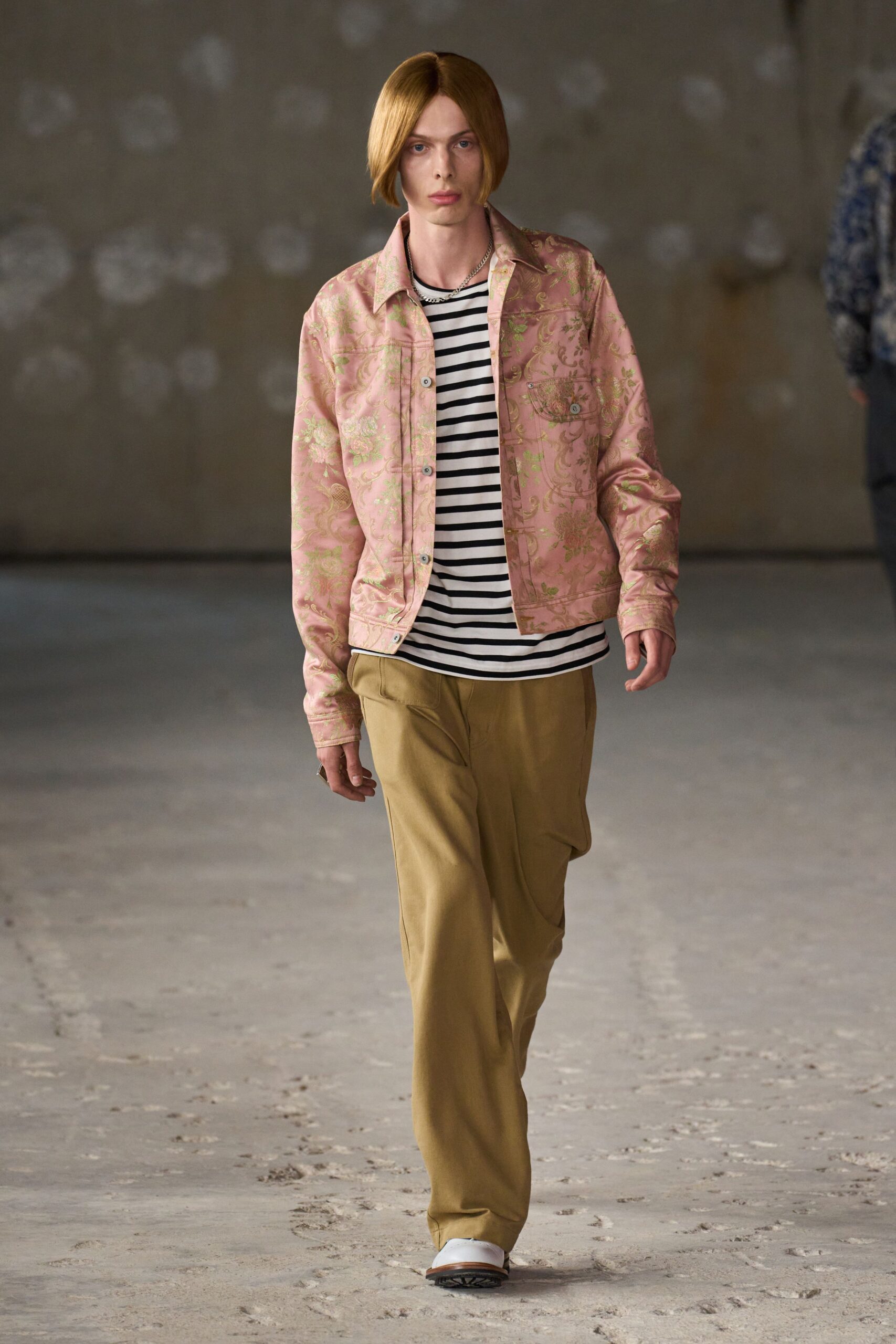 pink floral jacket with striped shirt