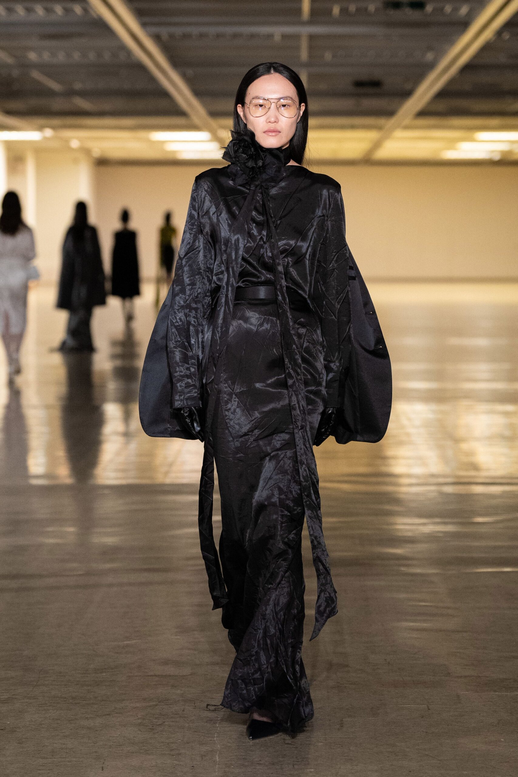 black silk long-sleeve v-neck fitted draped shiny dress