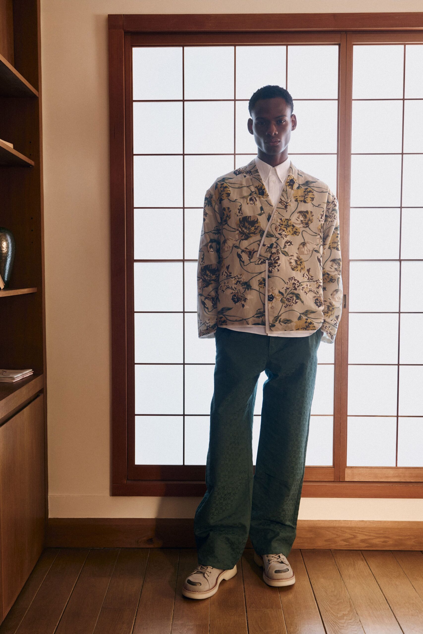 beige cotton long-sleeve collared relaxed printed jacket