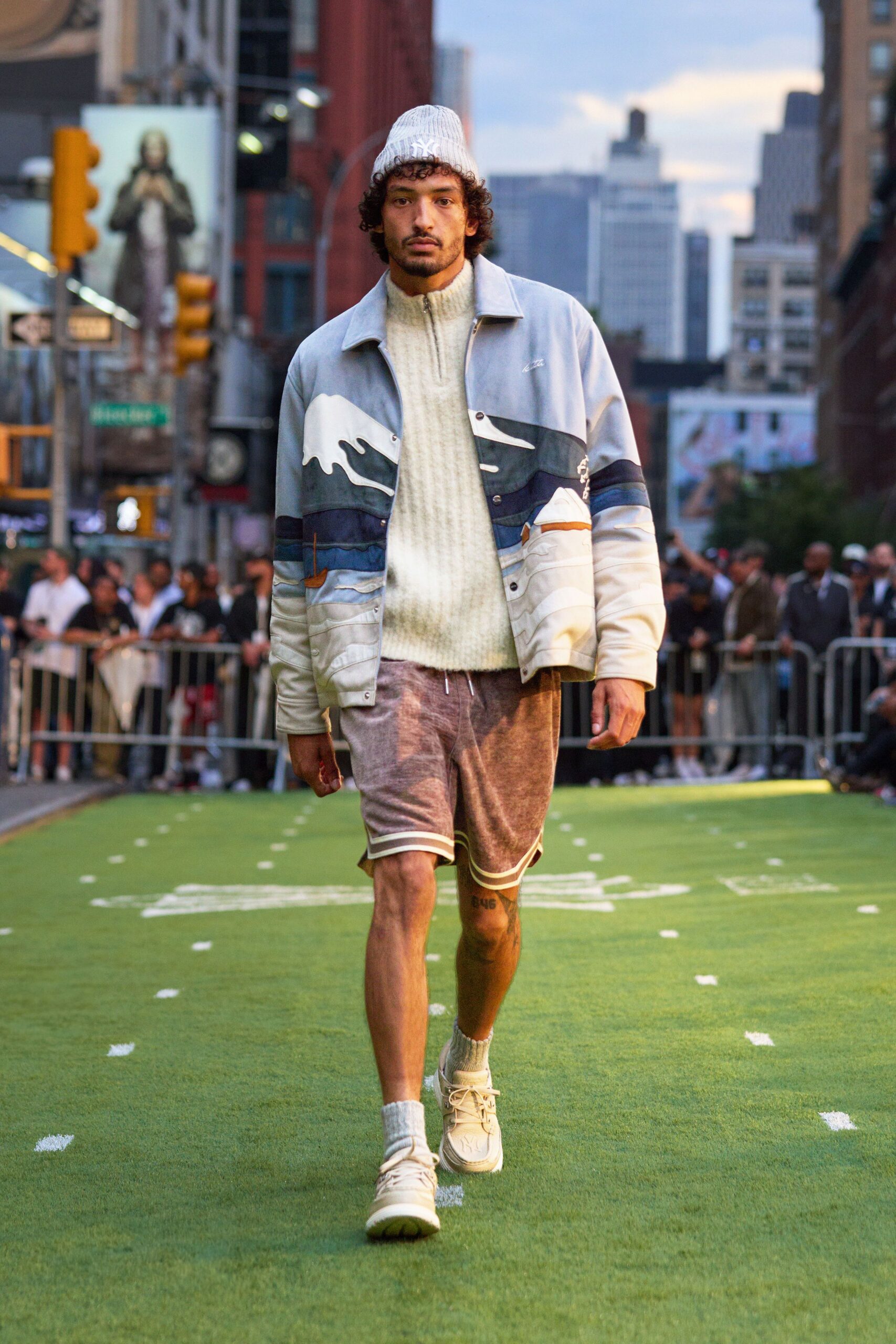 relaxed blue jacket with cream sweater