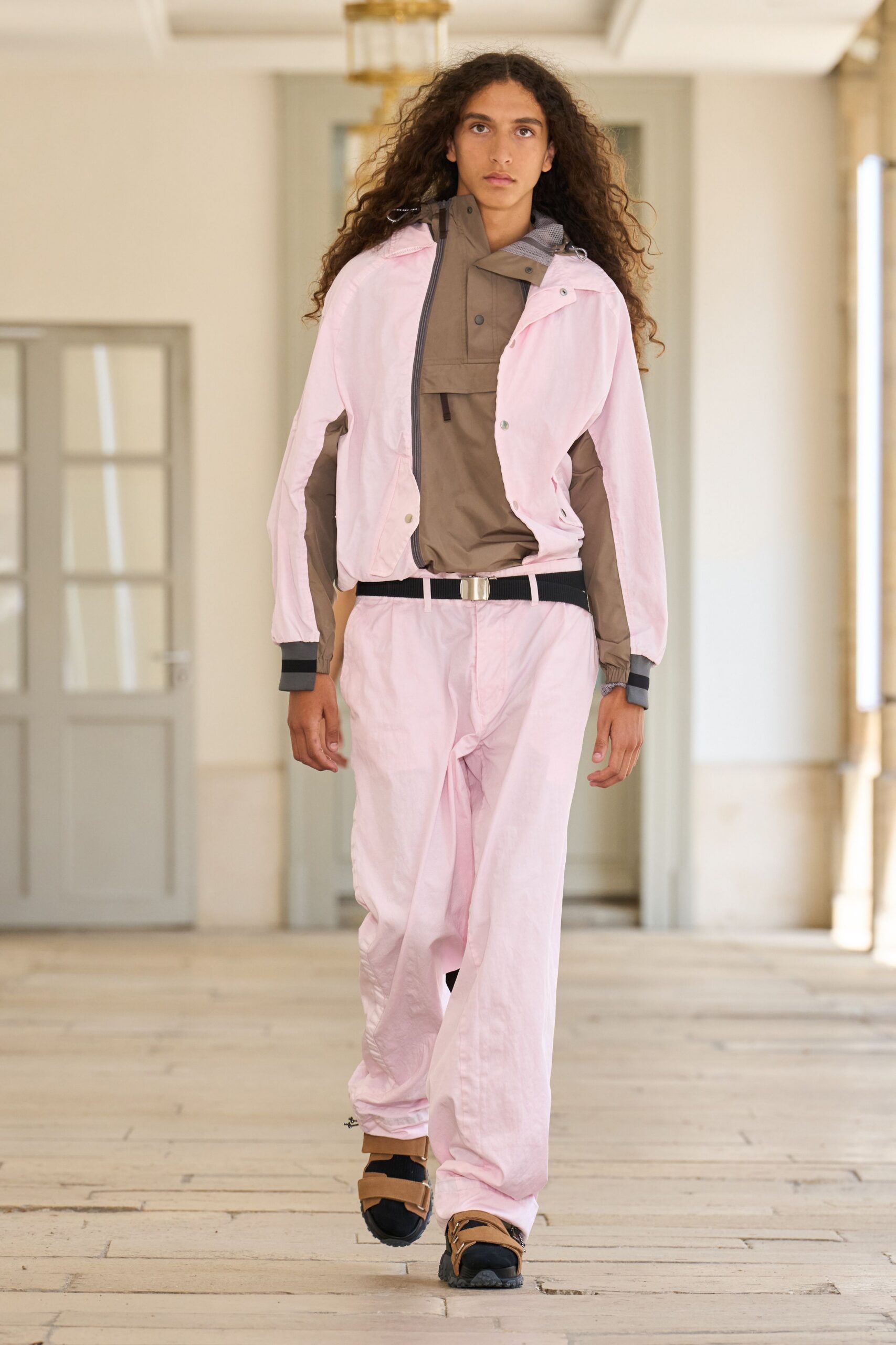 pink jacket brown hoodie relaxed pants