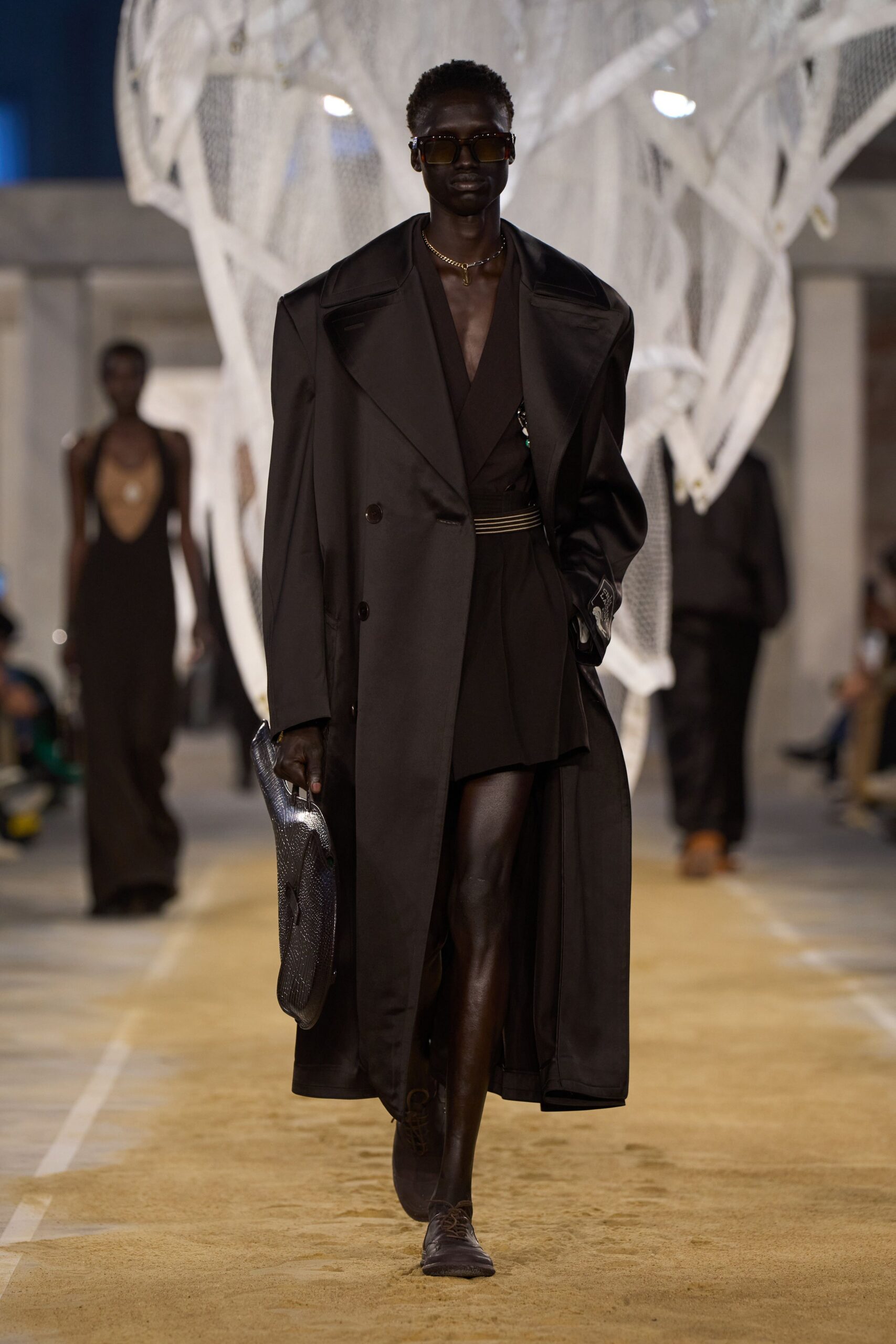 black silk long-sleeve double-breasted relaxed belted maxi coat