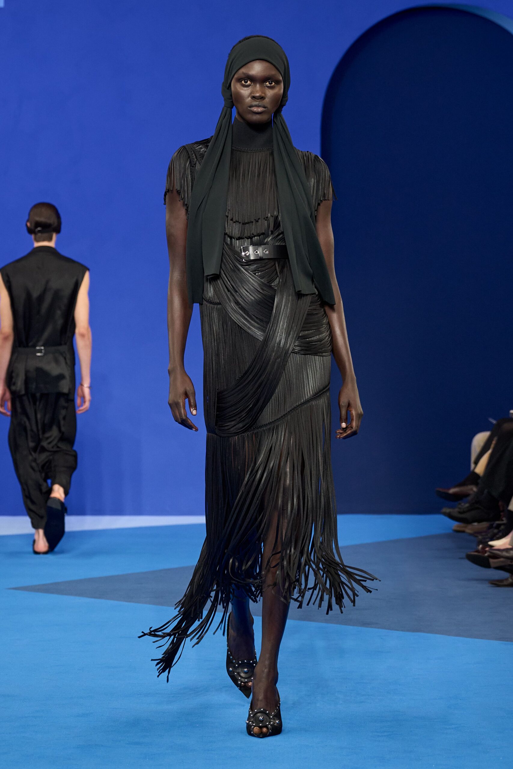 black leather fringed dress