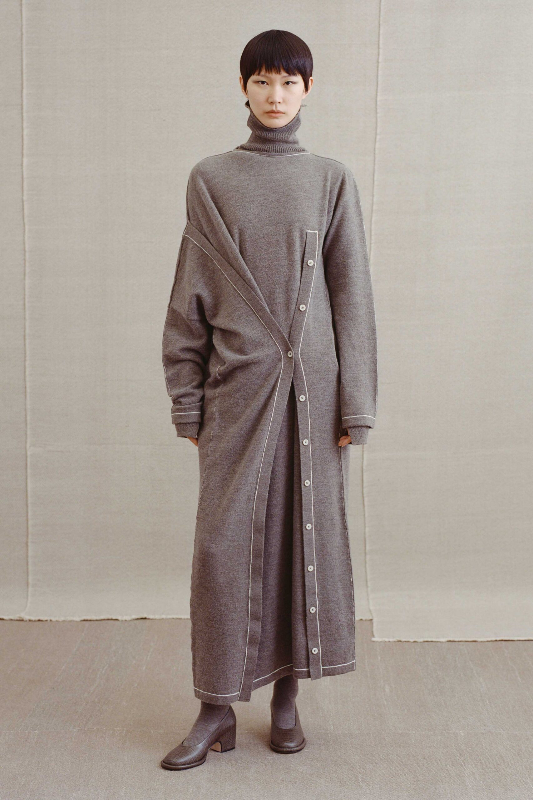 gray wool long-sleeve turtleneck relaxed buttoned draped dress