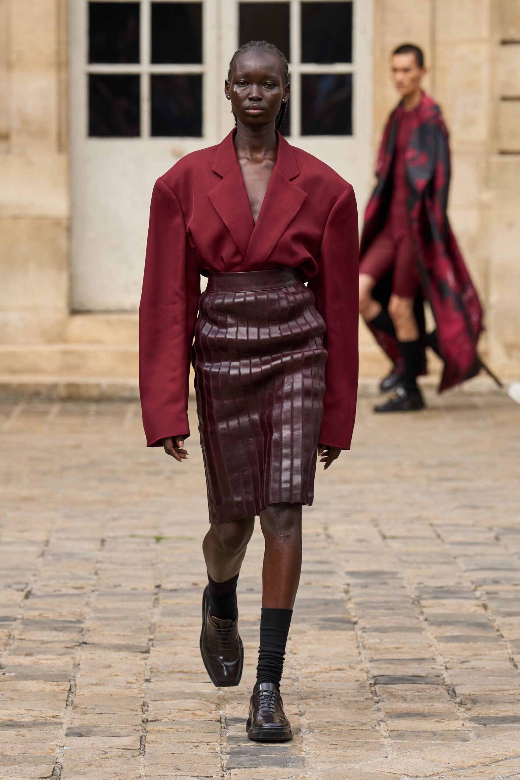 maroon cotton long-sleeve v-neck oversized jacket