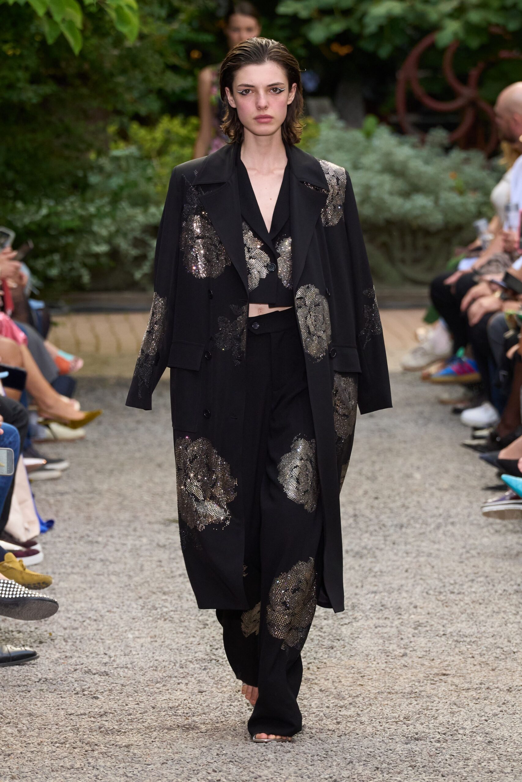 black embroidered trench coat