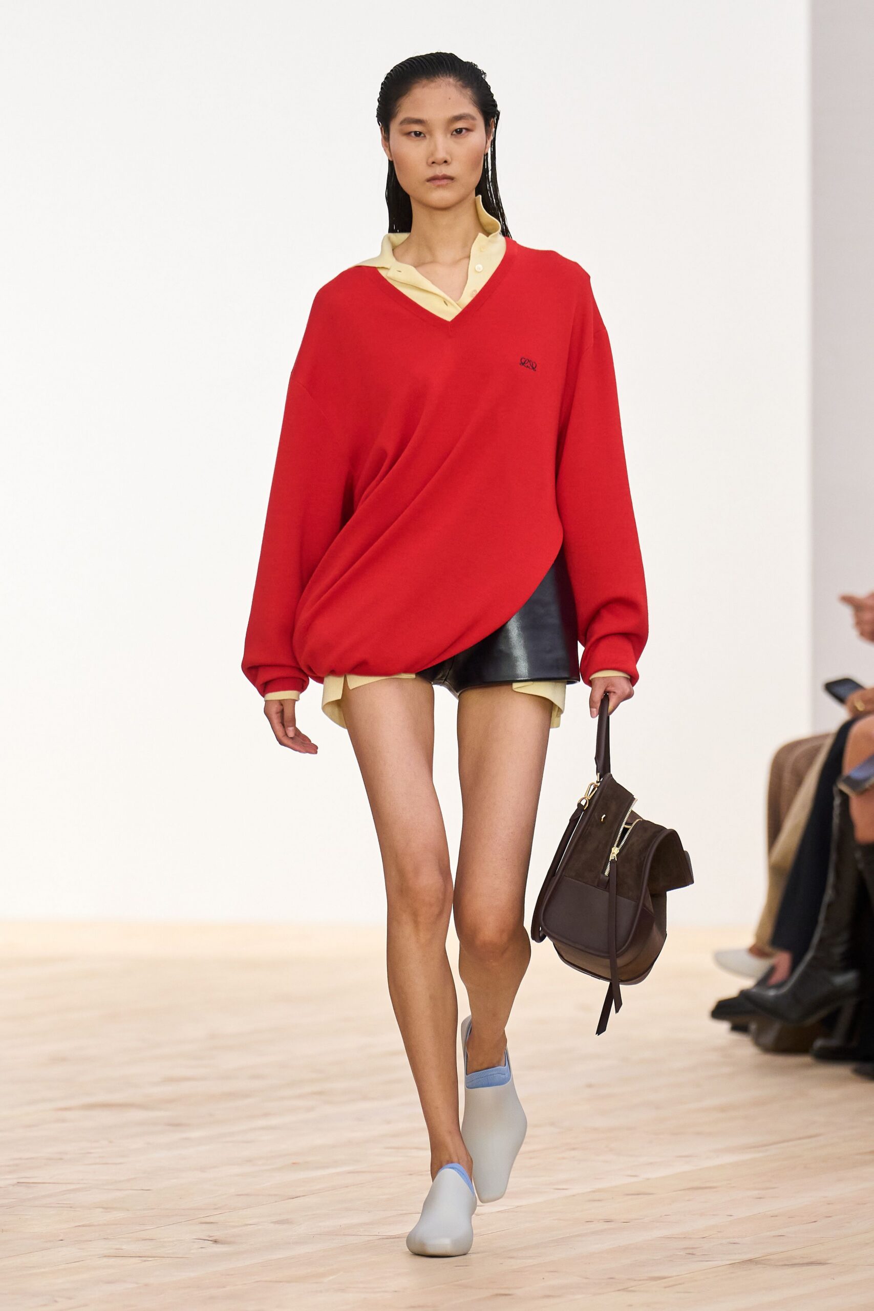 red cotton long-sleeve v-neck oversized draped sweater