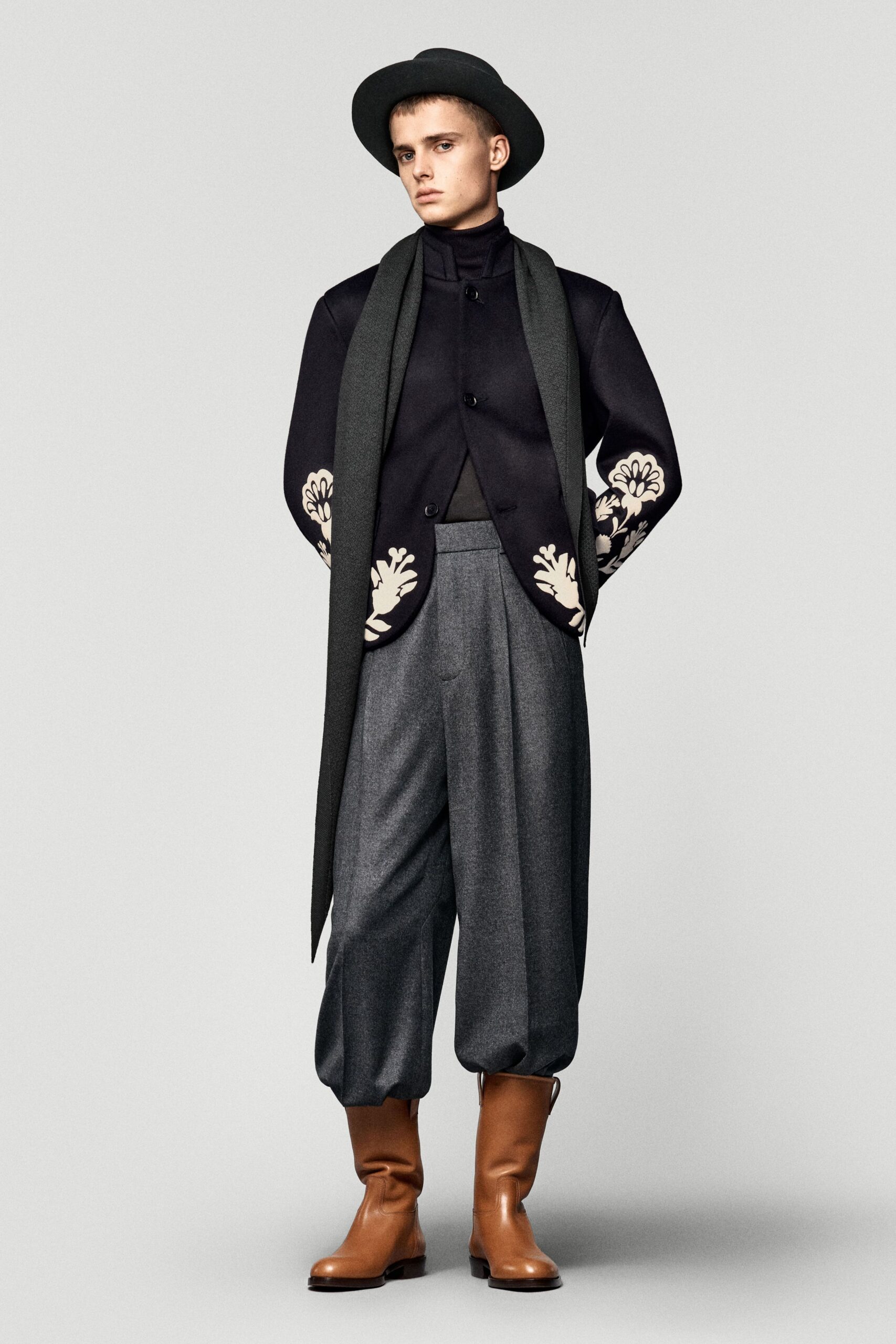 black wool long-sleeve collared structured embroidered jacket