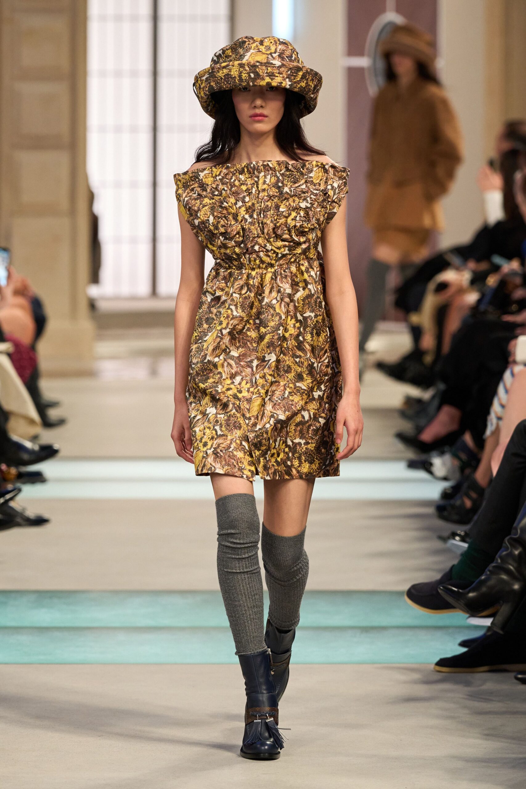 brown silk sleeveless high-neck fitted pleated flared dress