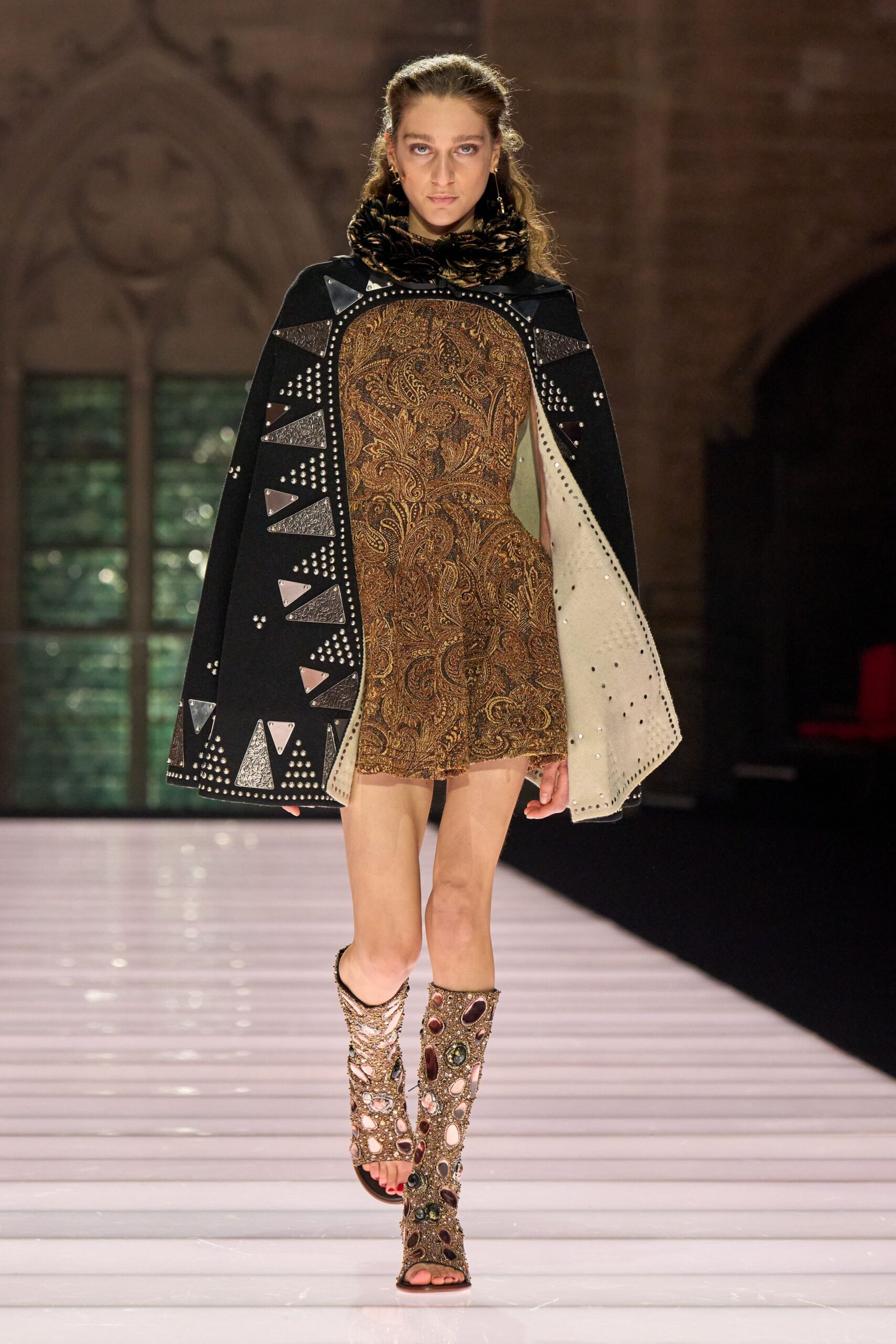 brown silk sleeveless high-neck fitted printed a-line dress