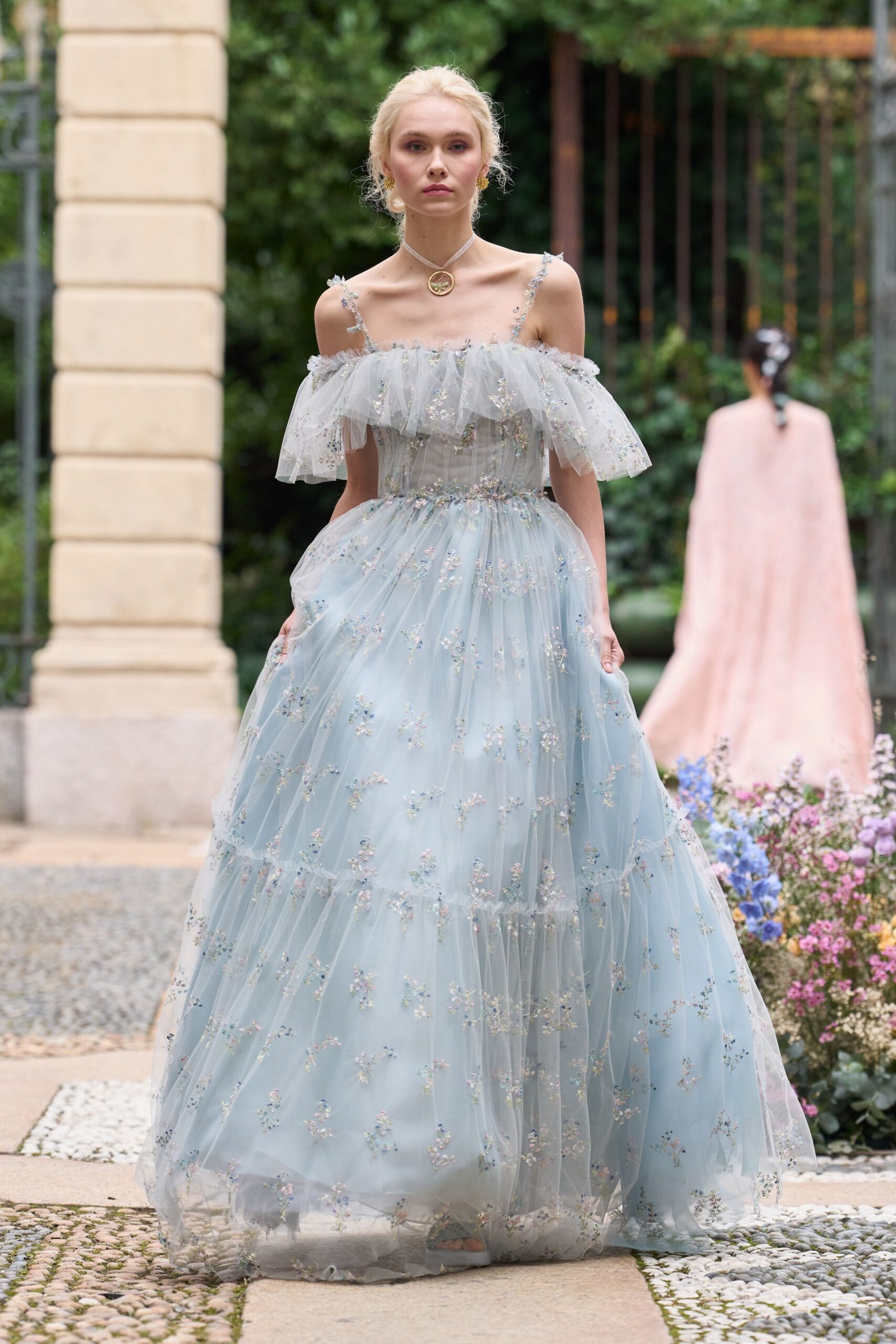 blue tulle off-shoulder gown