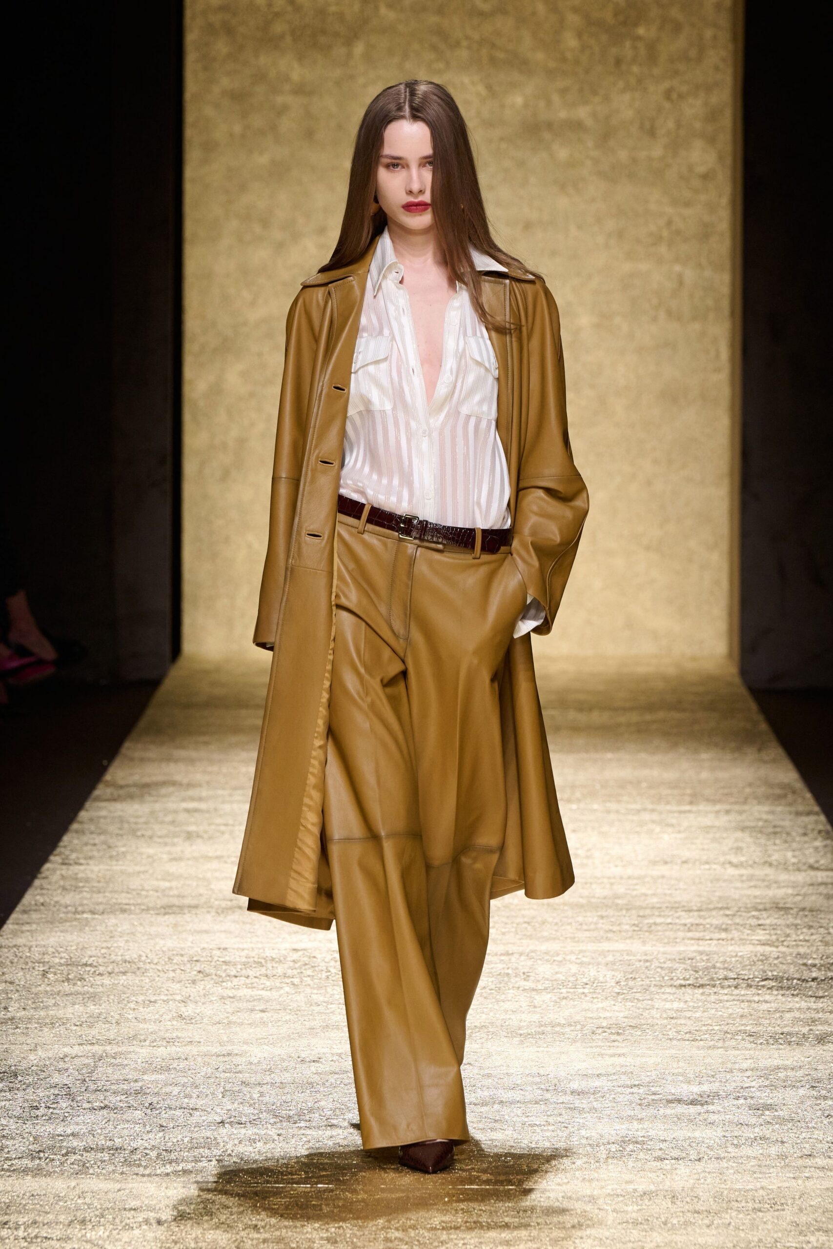 brown leather coat and pants