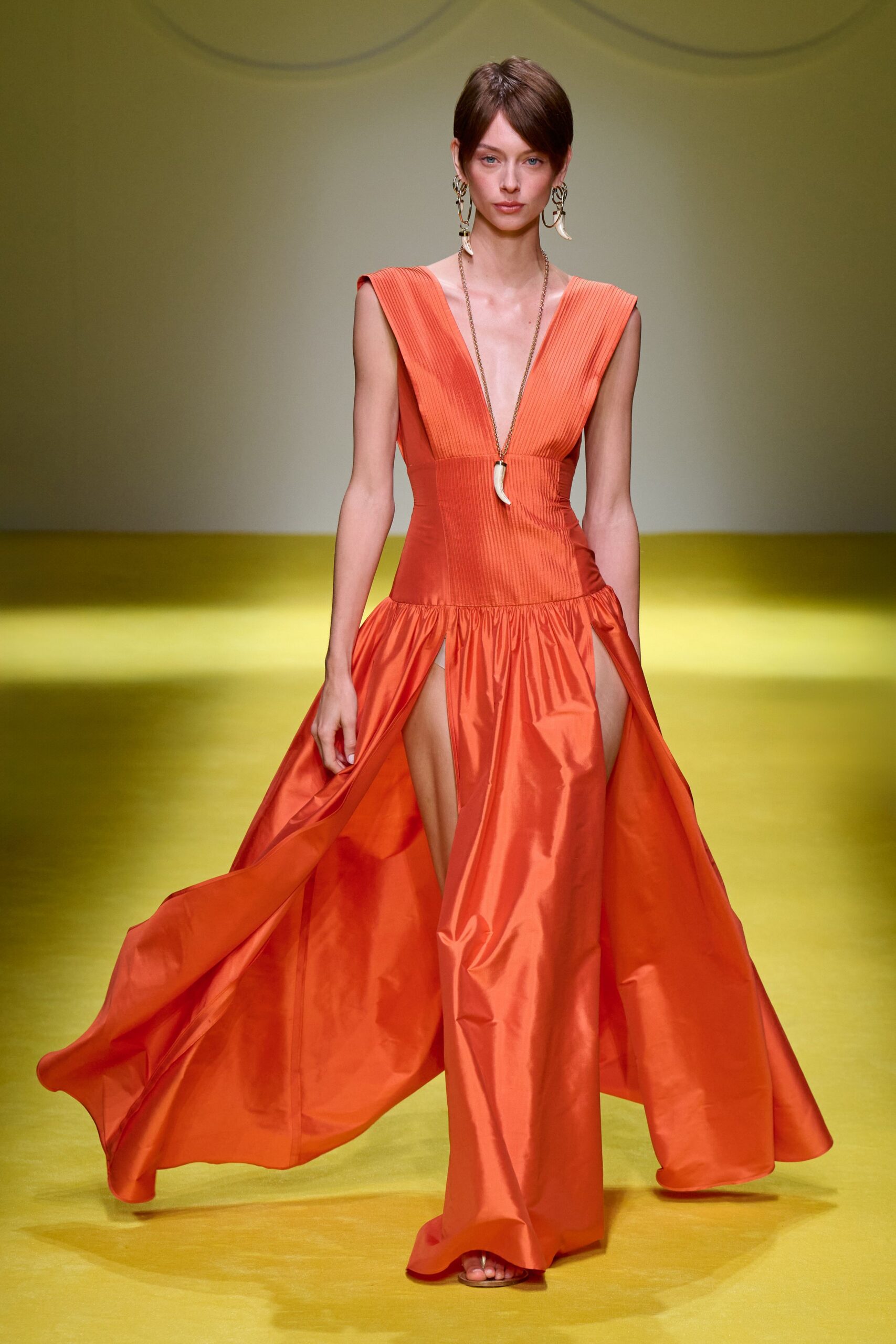 orange silk sleeveless gown