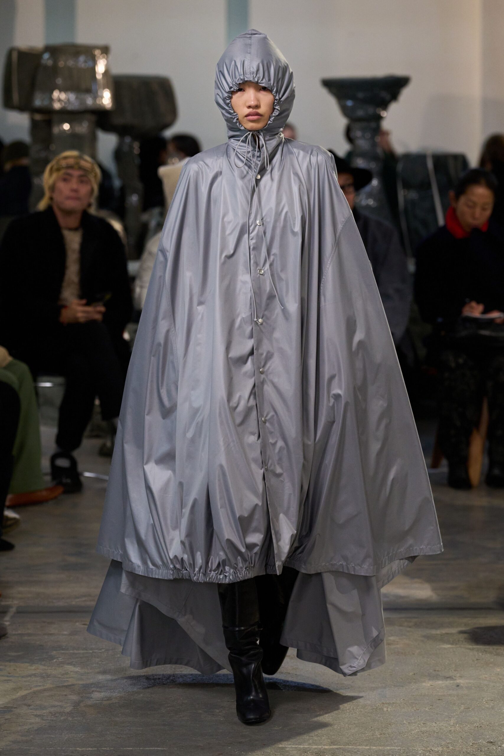 gray vinyl long-sleeve hooded relaxed draped maxi cape