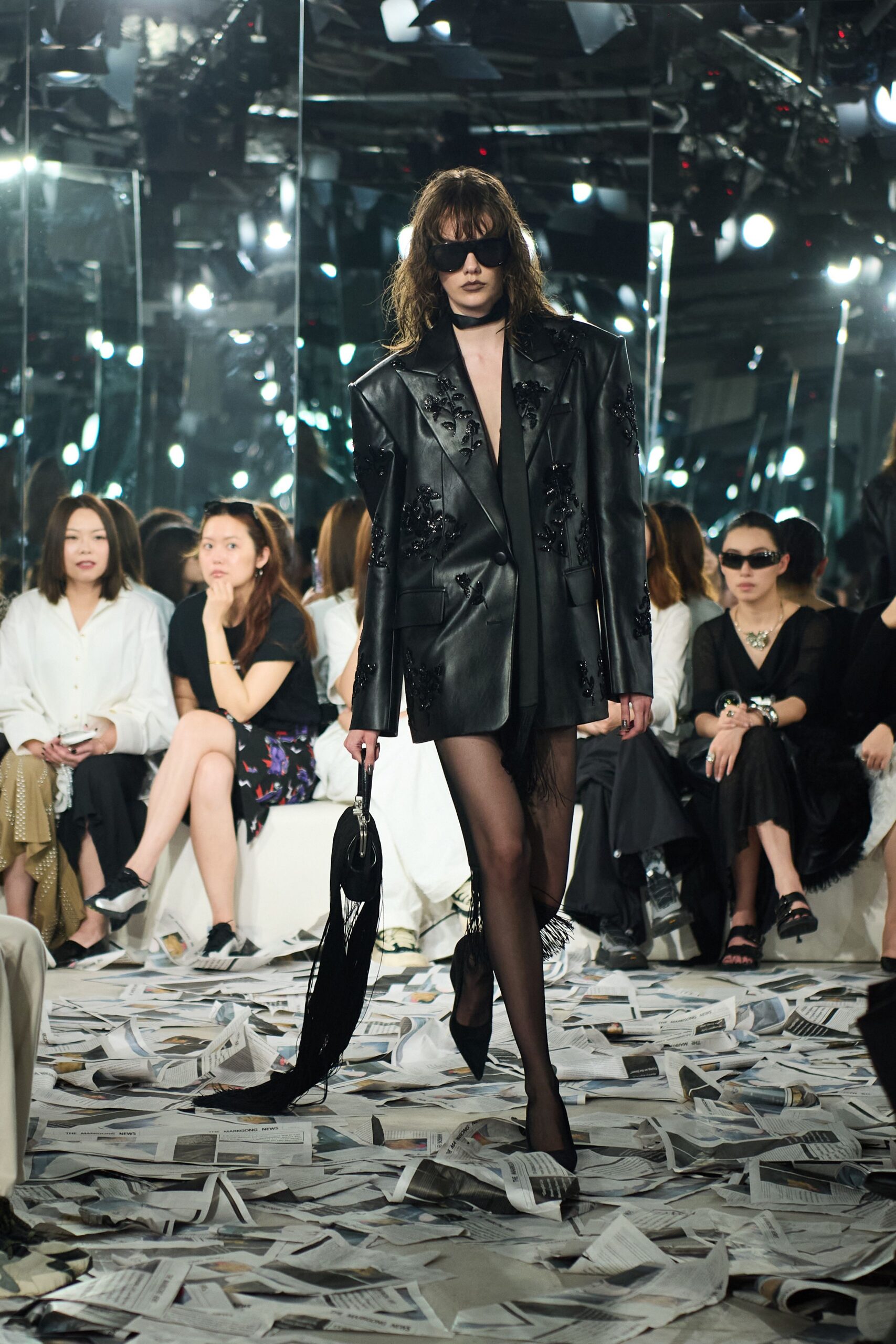 black leather blazer and shorts