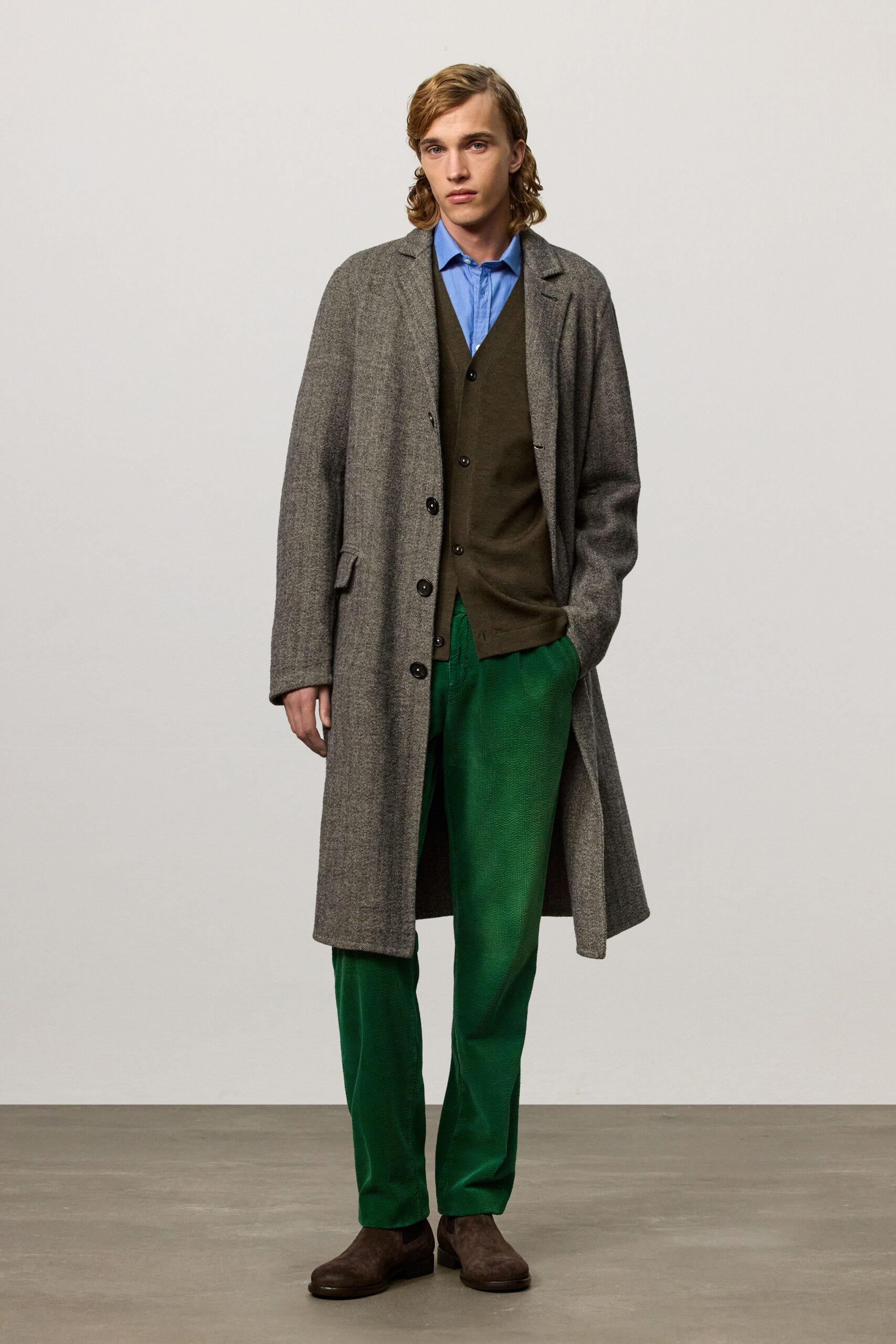 green wool tailored straight-leg pants