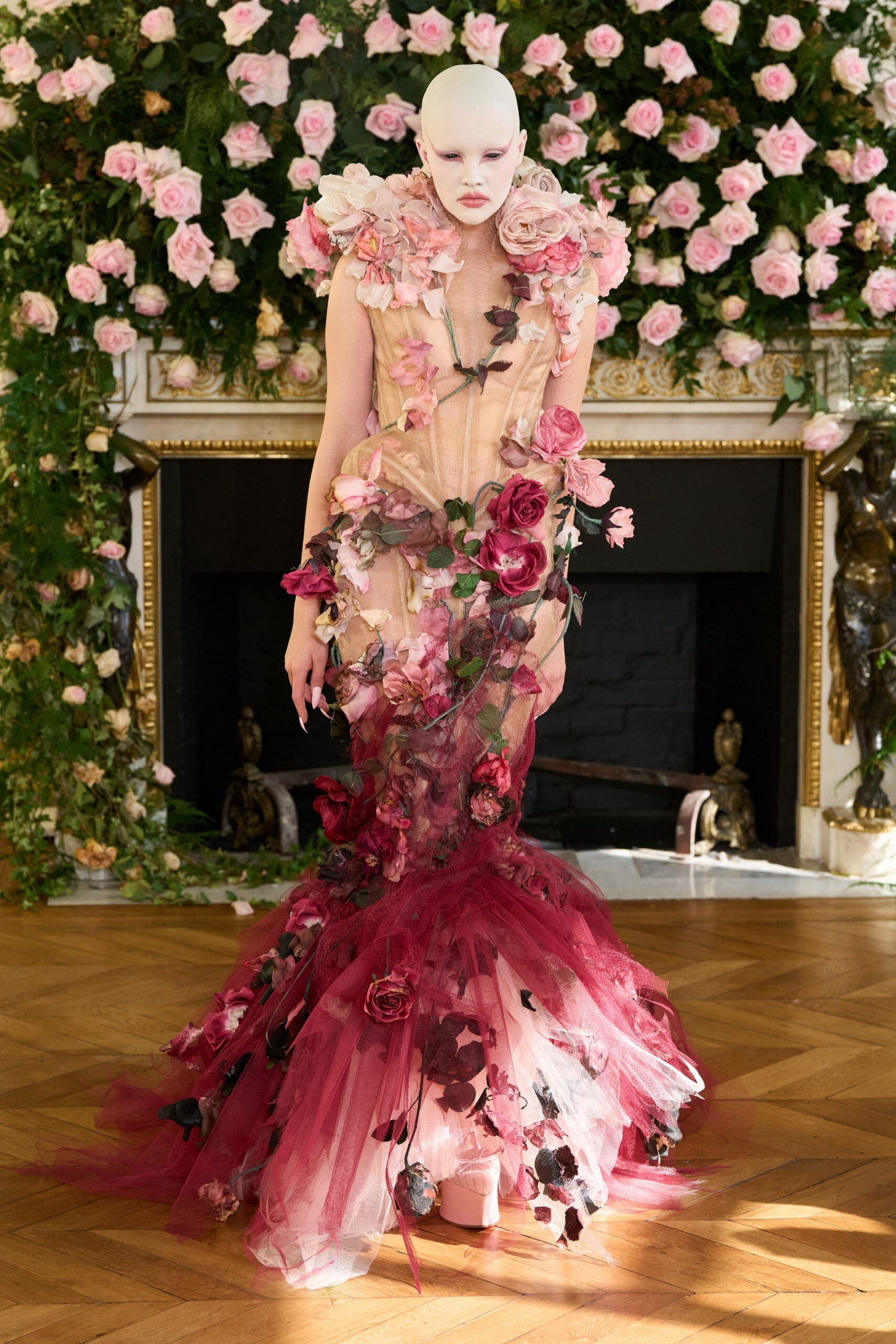 pink floral sheer gown