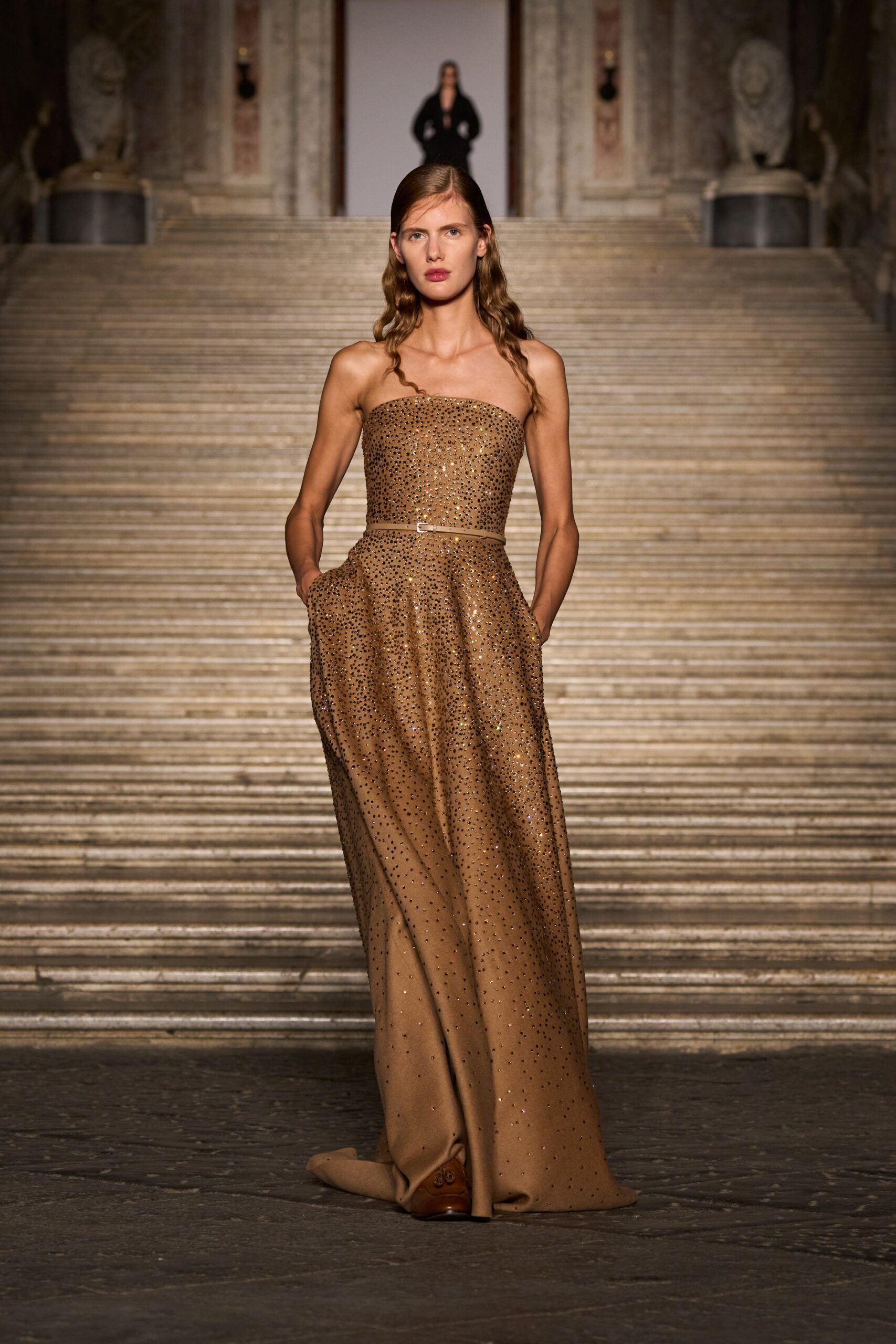gold embellished strapless gown