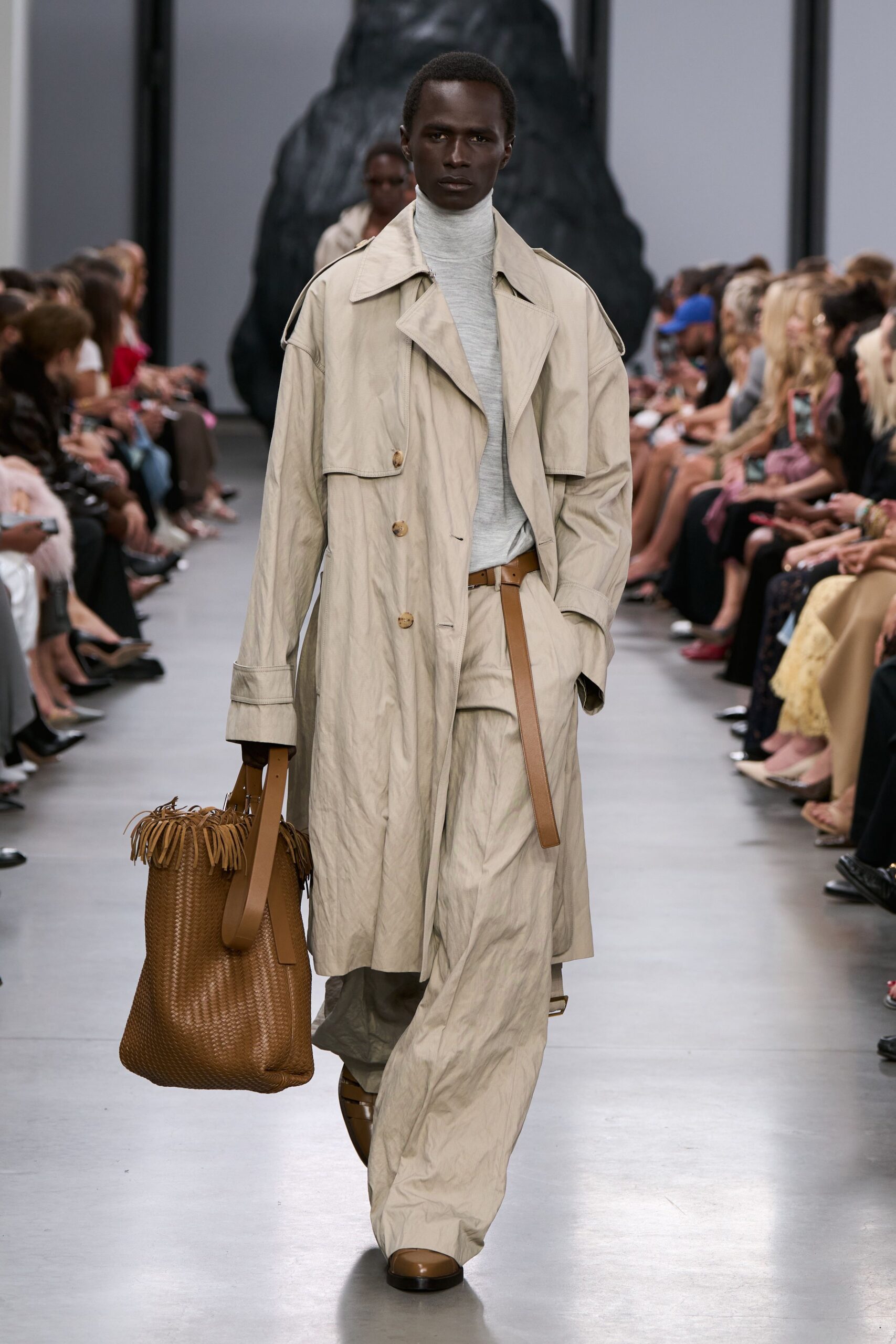 beige trench coat with gray top