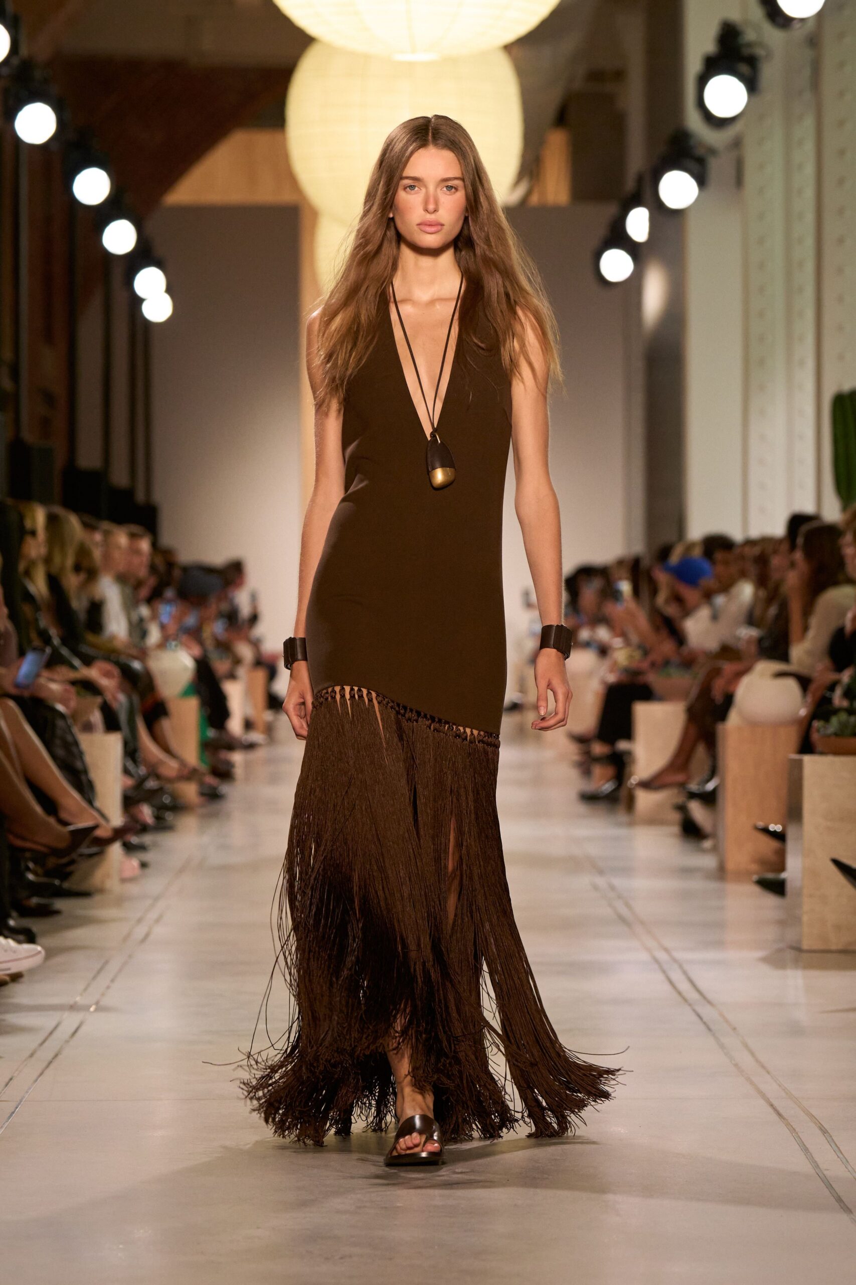 brown sleeveless fringed dress