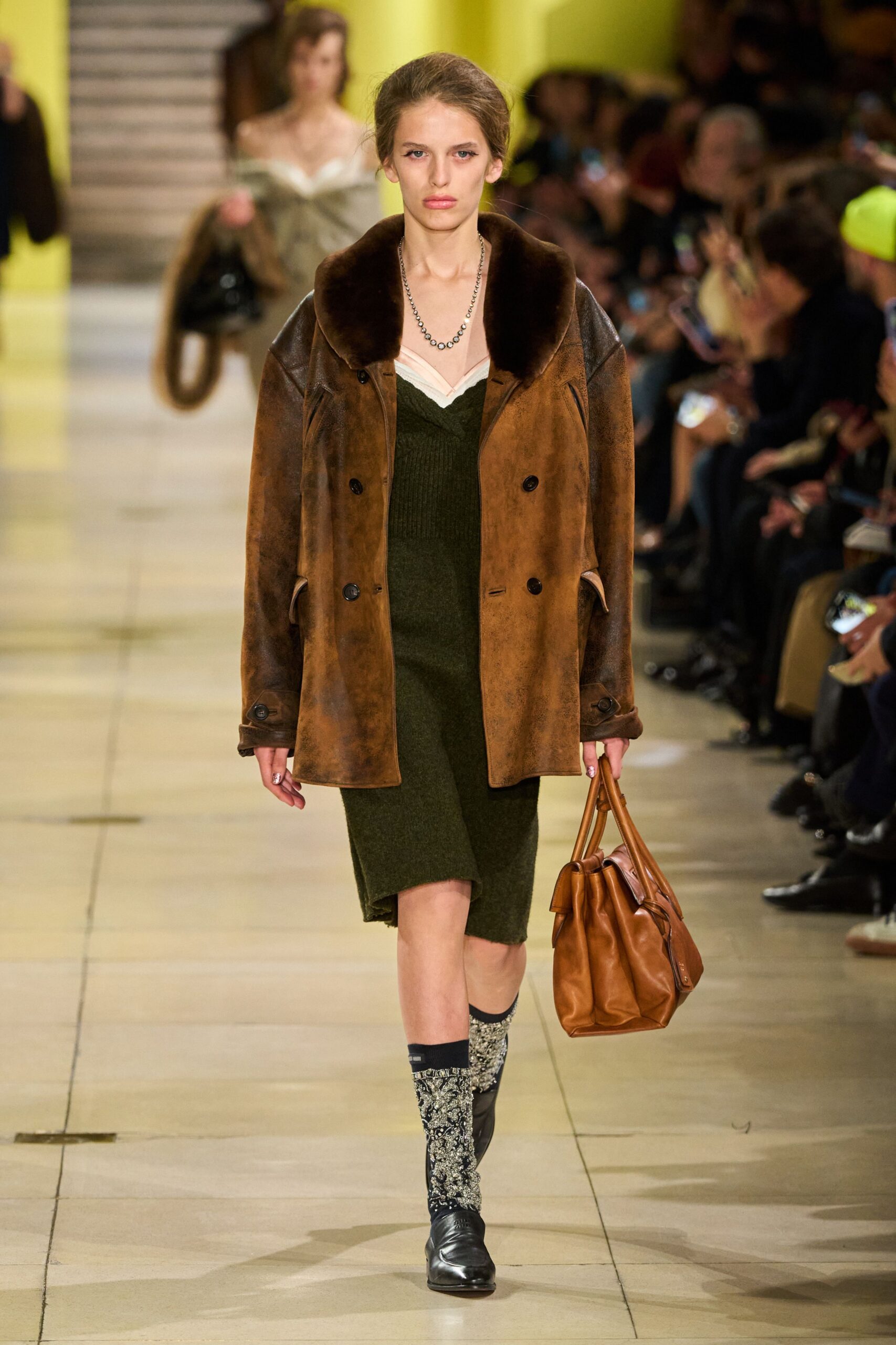 brown leather coat green dress