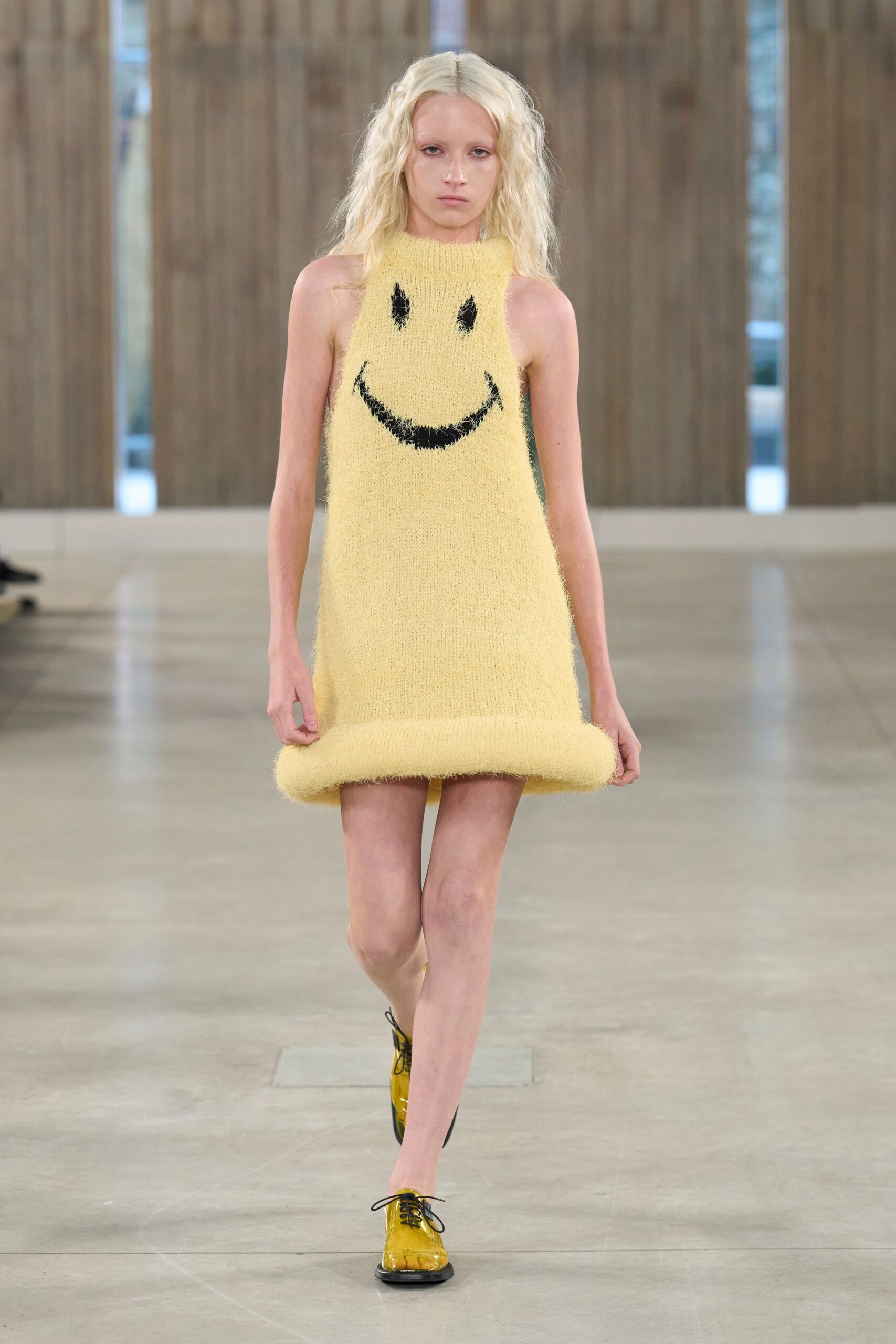 yellow wool sleeveless high-neck fitted embroidered mini dress