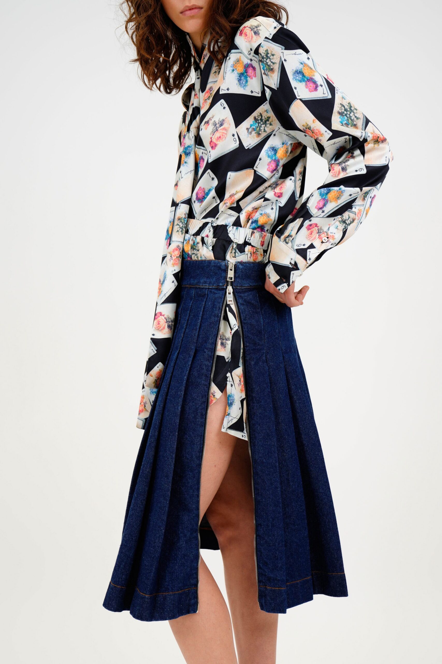 blue denim asymmetric fitted pleated skirt