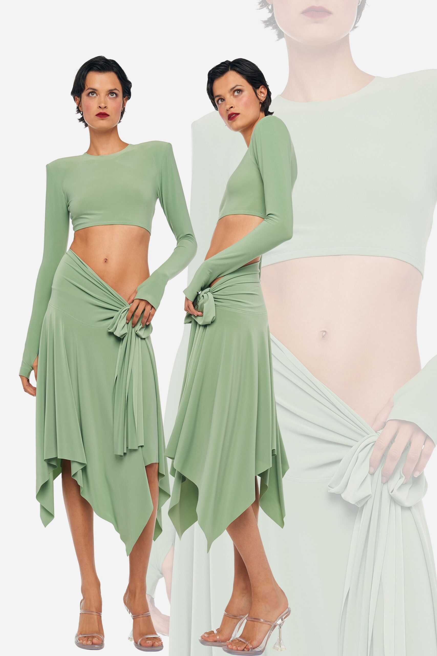 green cotton asymmetric fitted draped skirt