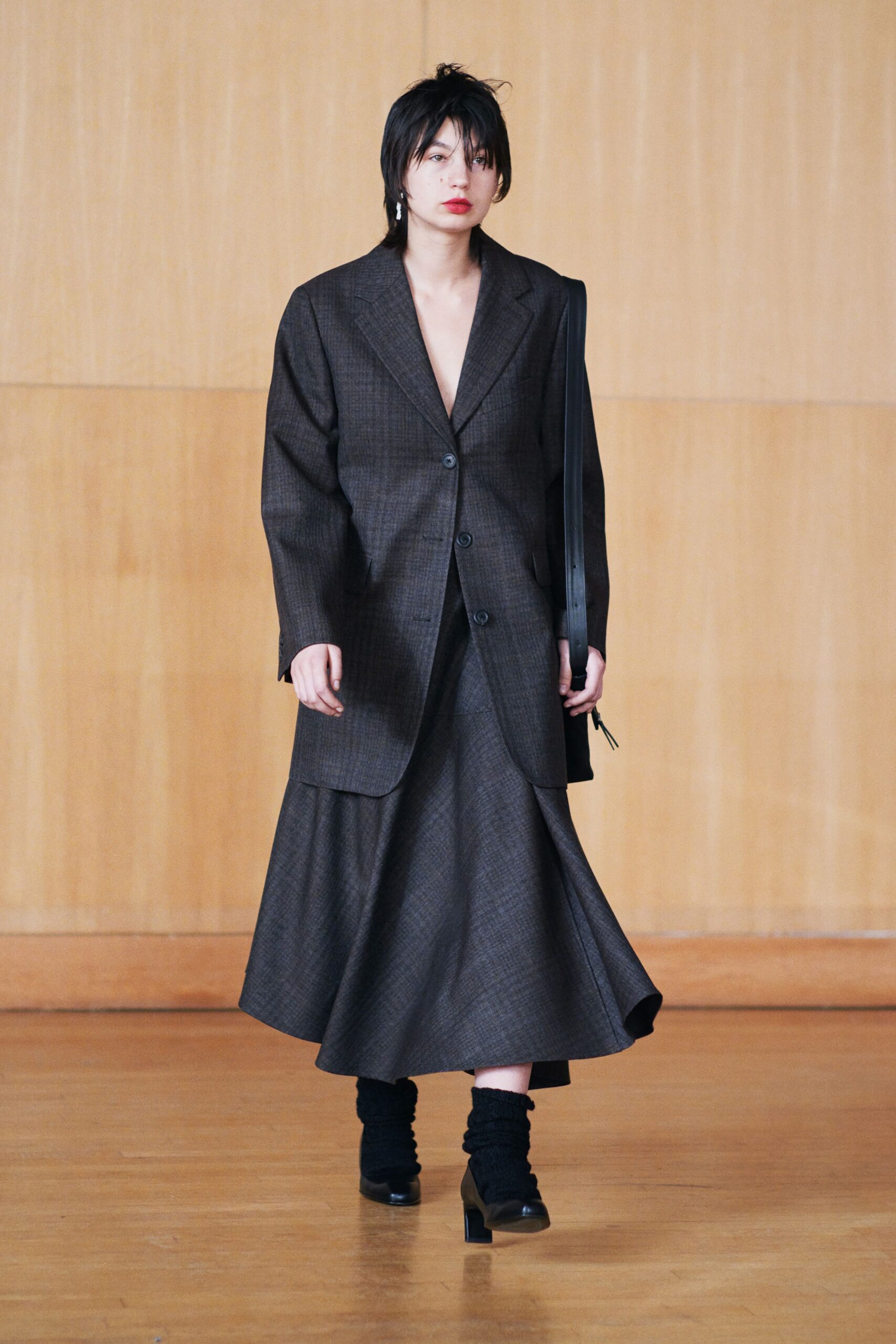 black gray wool blazer and skirt