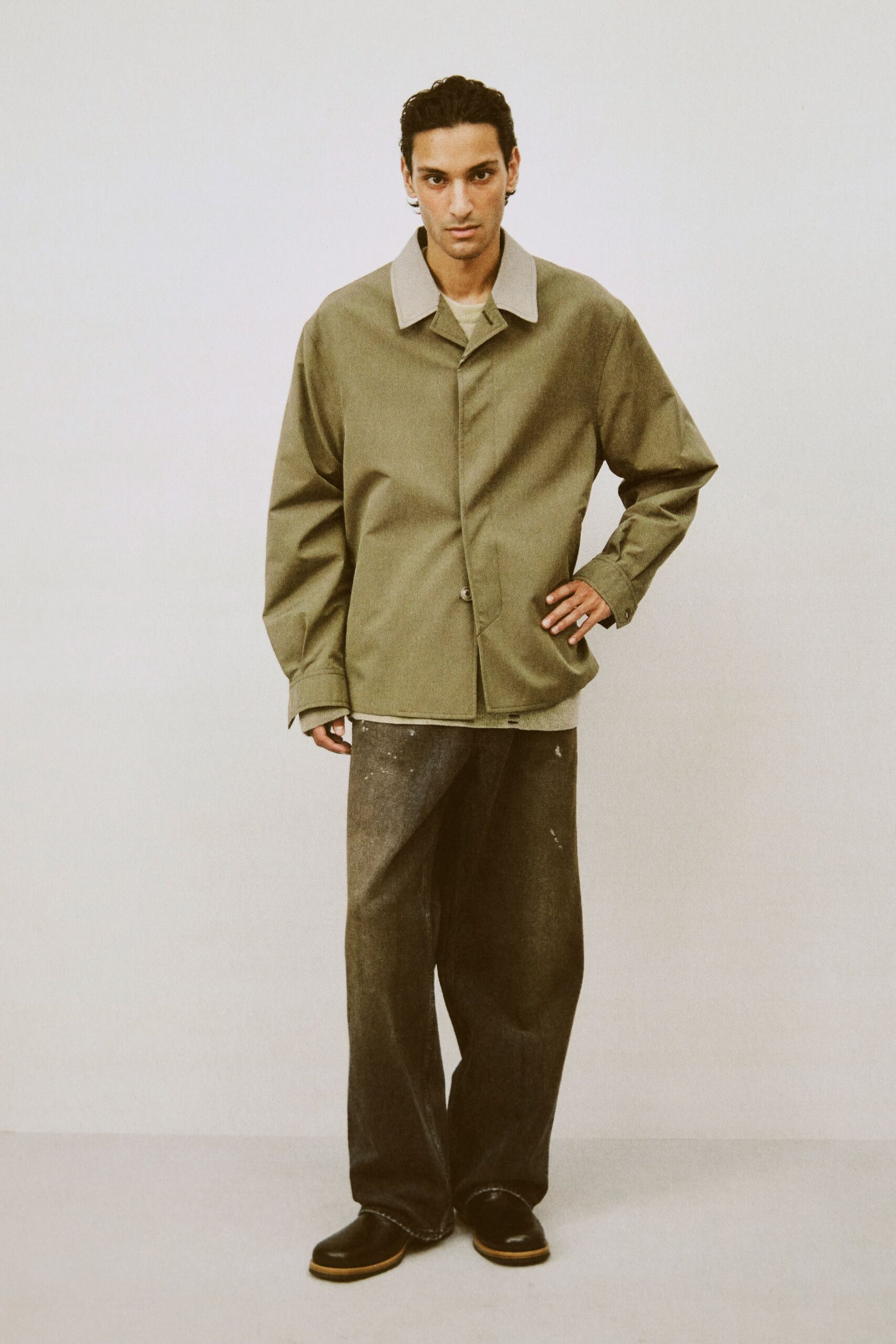 oversized green jacket with relaxed shirt
