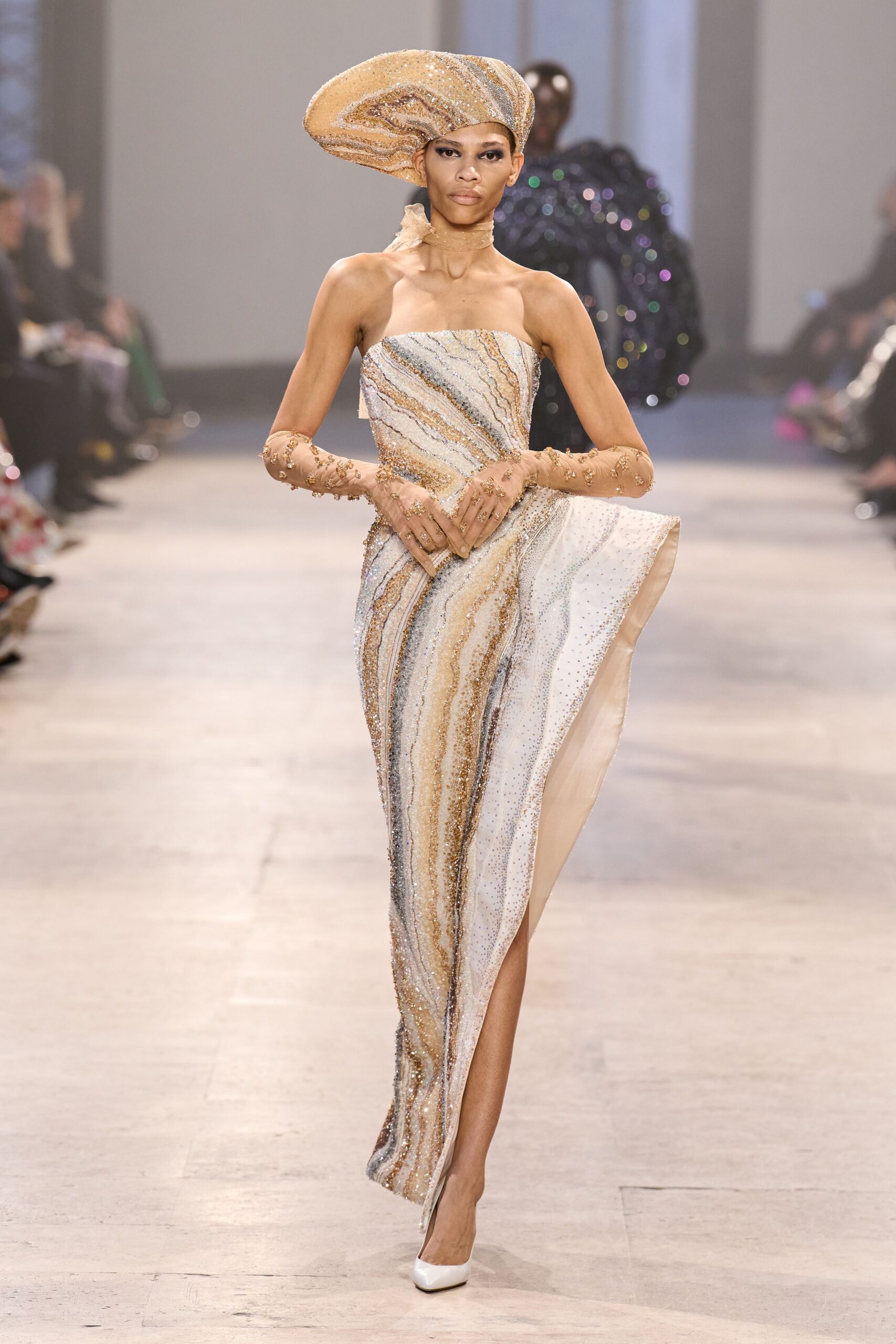 beige silk strapless high-neck fitted sequined ruched gown