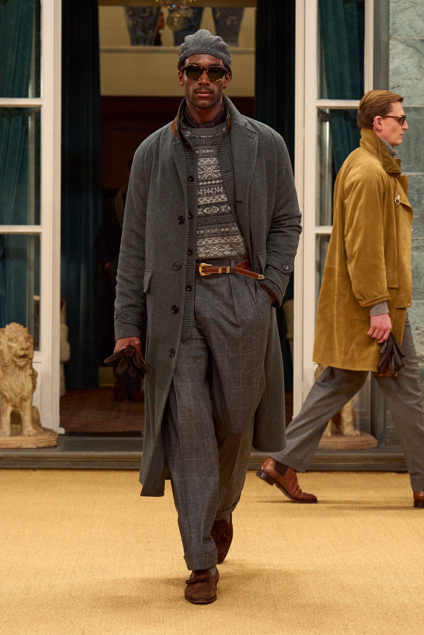 gray wool coat with patterned sweater