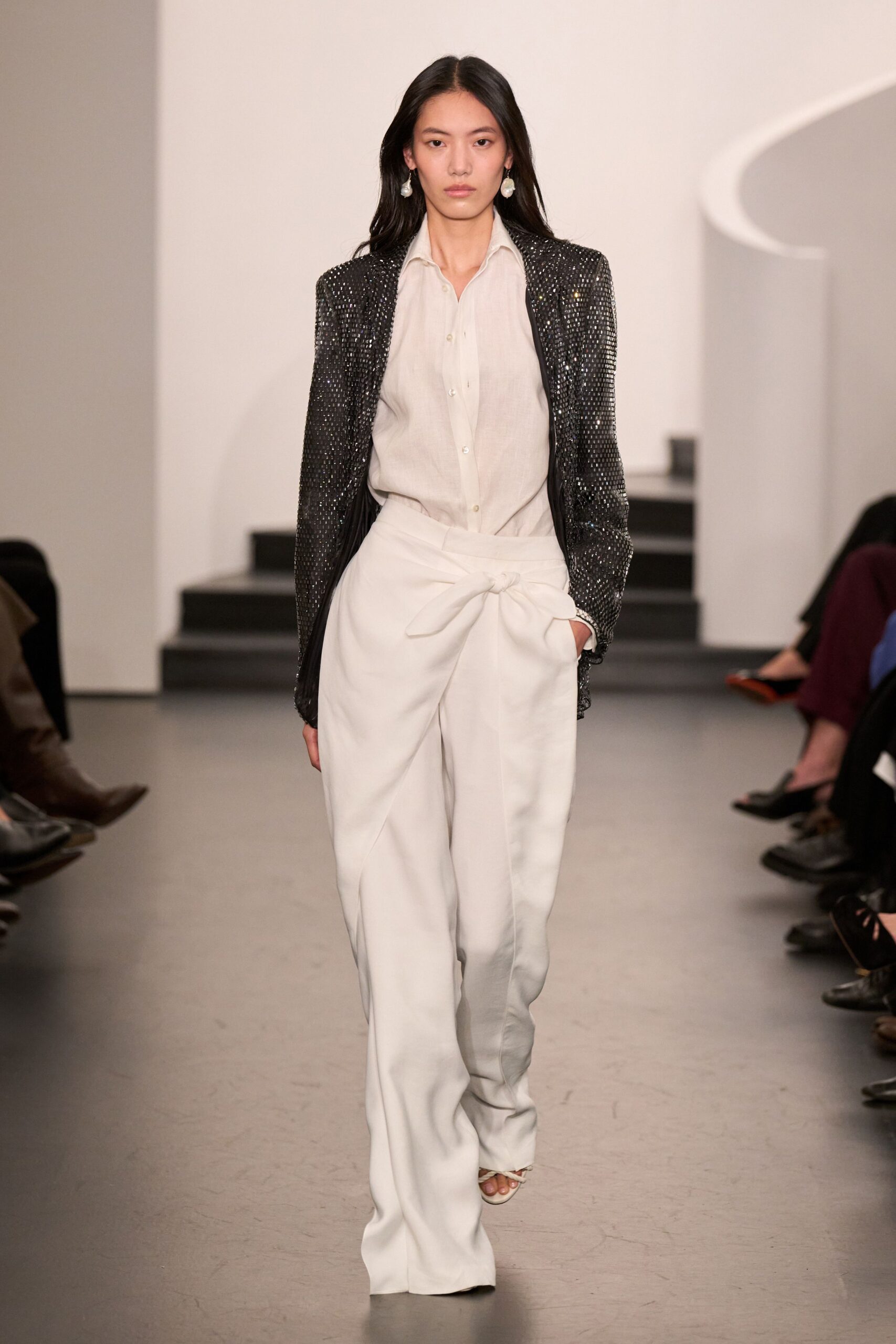 black sequined blazer with white shirt and pants