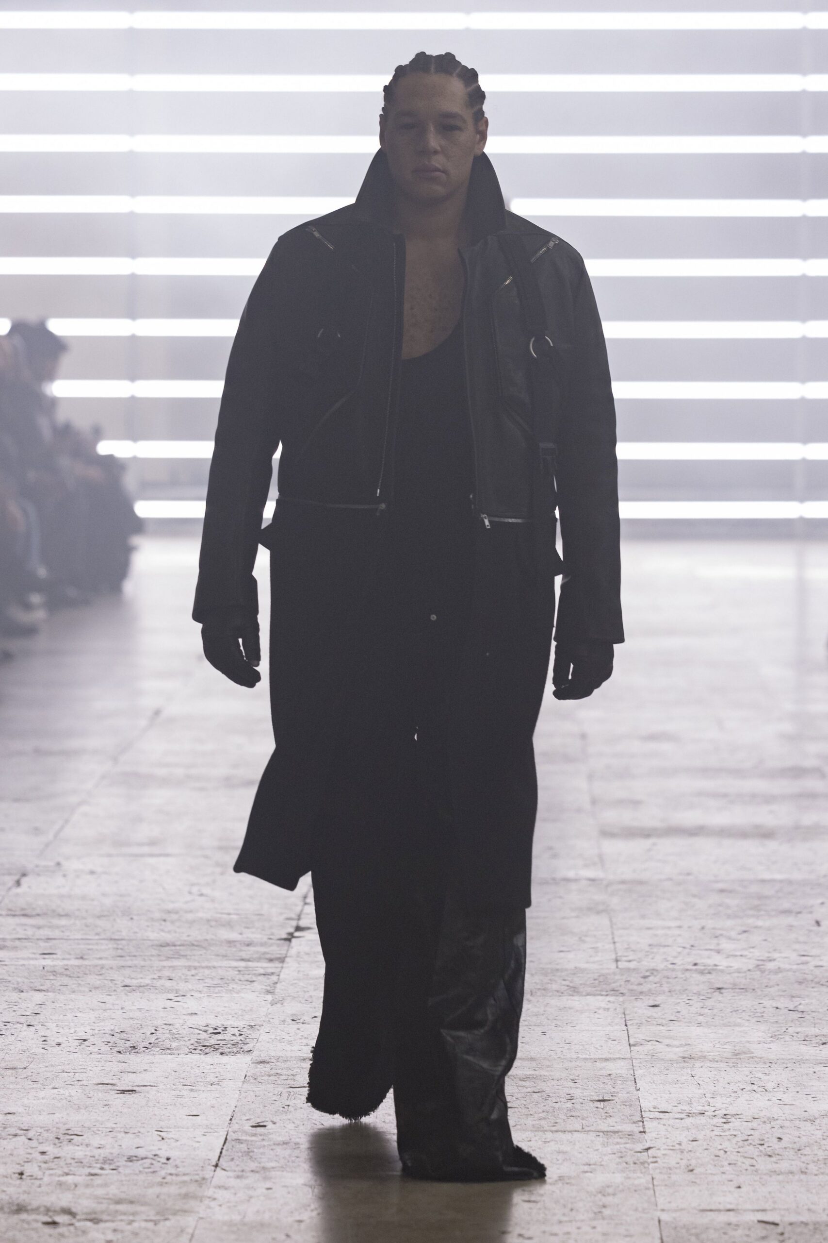 black leather long-sleeve collared relaxed zippered maxi coat