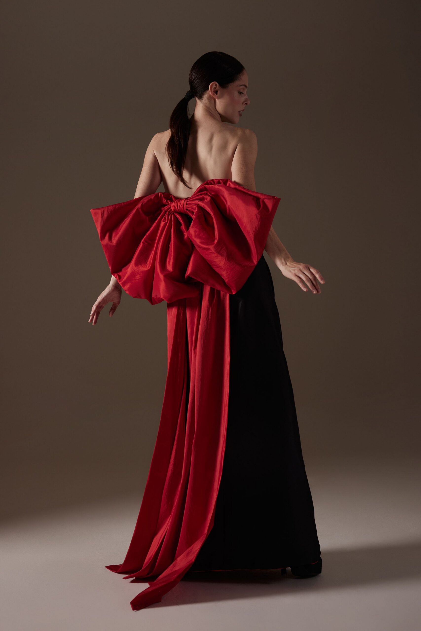 black and red strapless gown